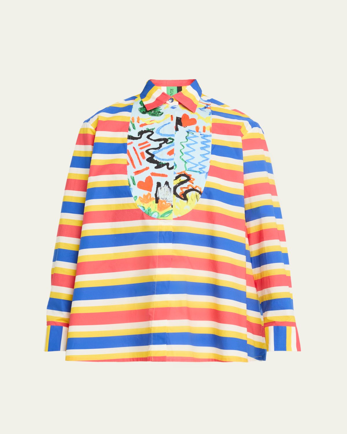 Rianna + Nina Tropica Striped Cotton Bib-Front Collared Shirt