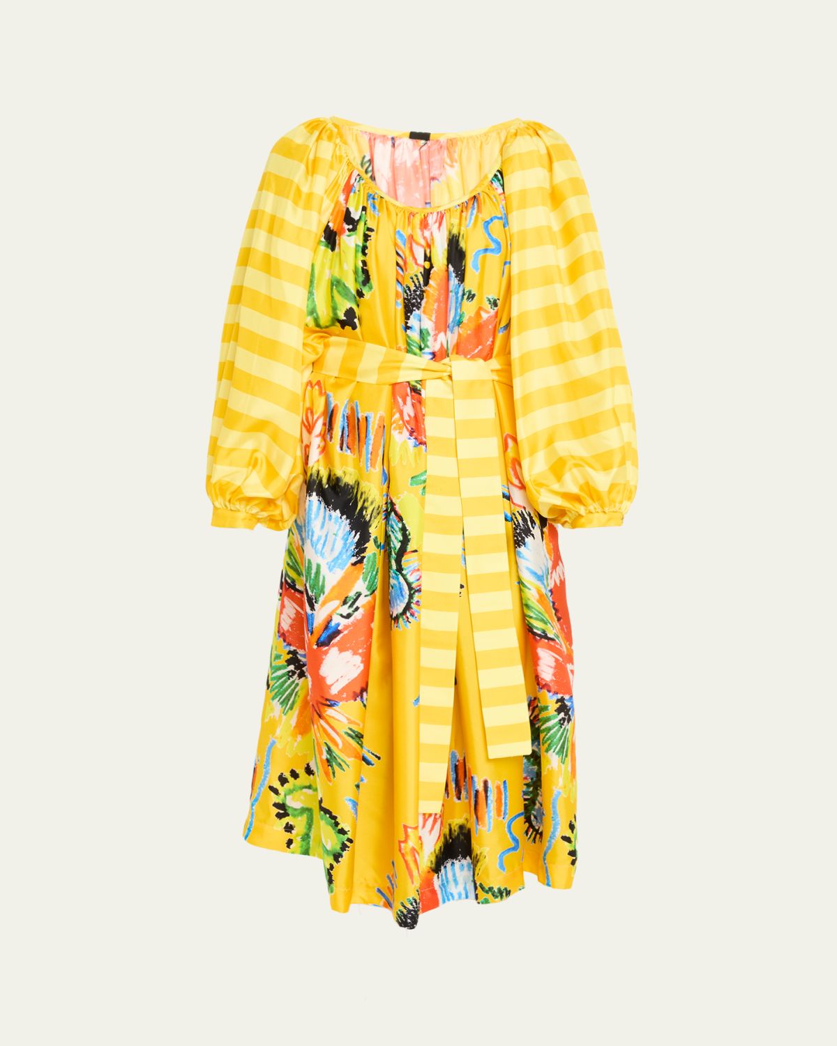 Rianna + Nina Tropical Striped Silk Balloon Sleeve Midi Dress