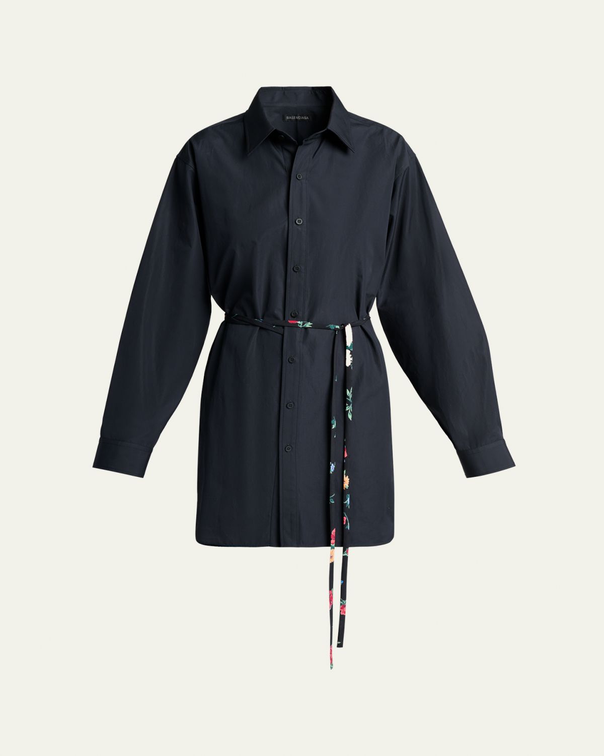 Balenciaga Cotton Poplin Mini Shirtdress with Floral Sash