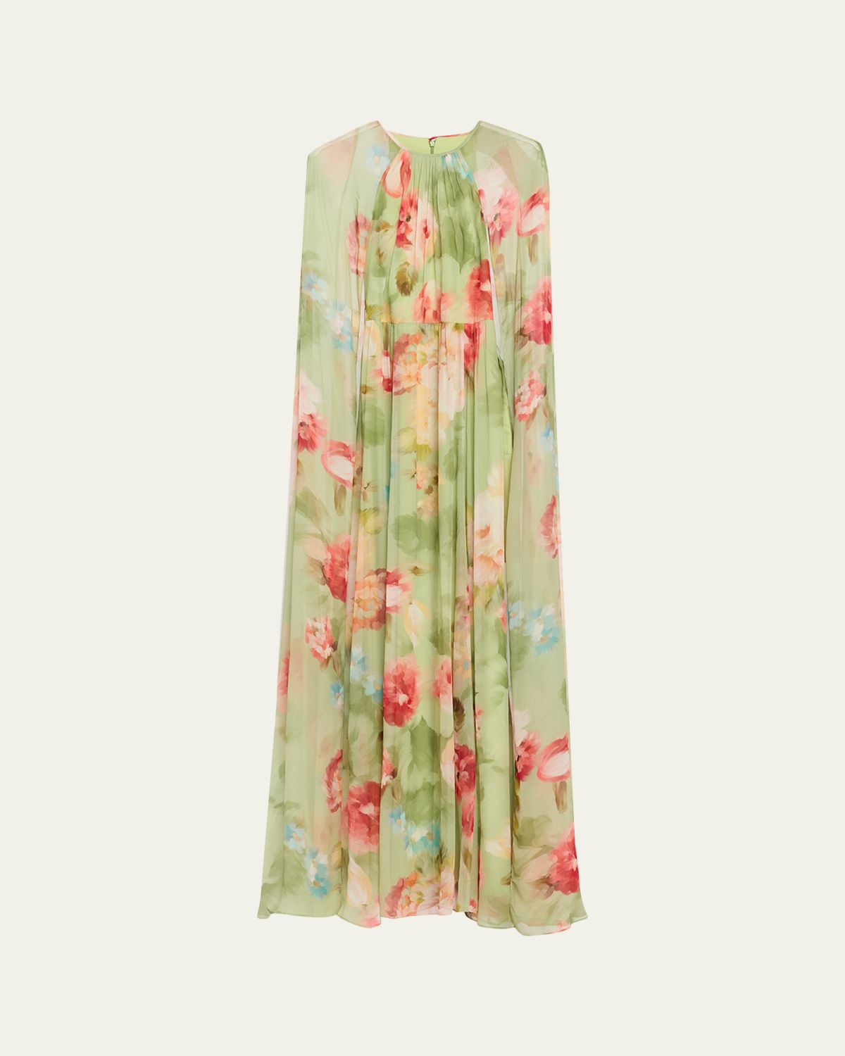 Rickie Freeman for Teri Jon Floral-Print Chiffon Cape Gown