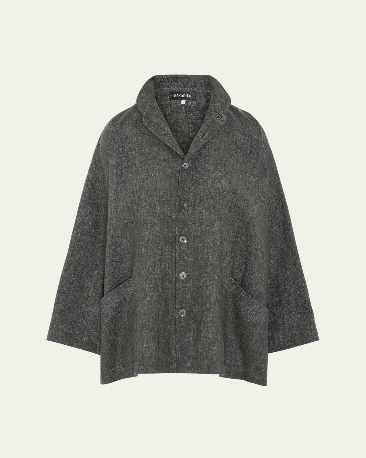 Eskandar Heavyweight Delave Linen Angle-To-Front Double Stand Collar Jacket - Long Length