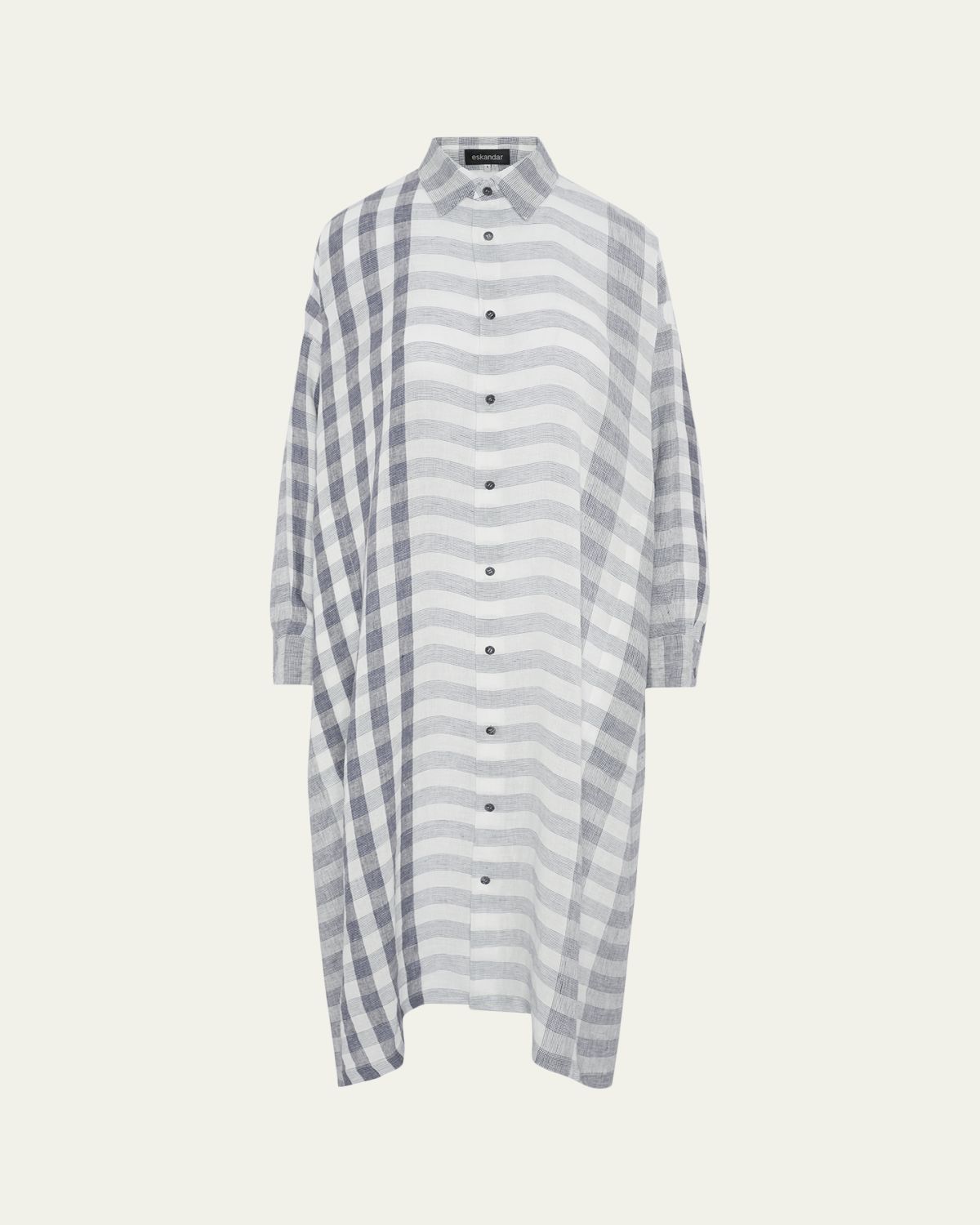 Eskandar Striped Linen Wide A-Line Shirt Dress With Collar