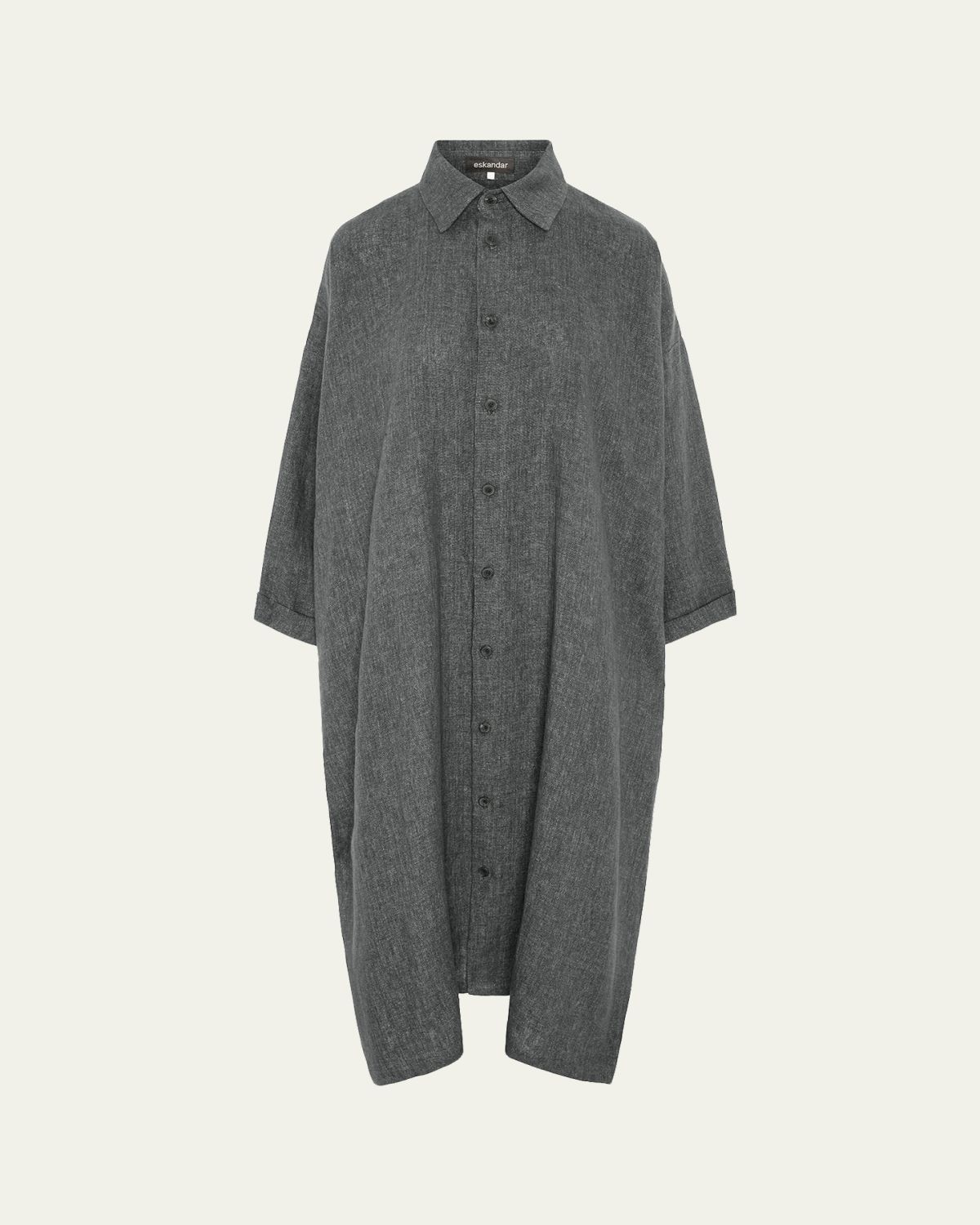 Eskandar Heavyweight Delave Linen Wide A-Line Shirt Dress With Collar