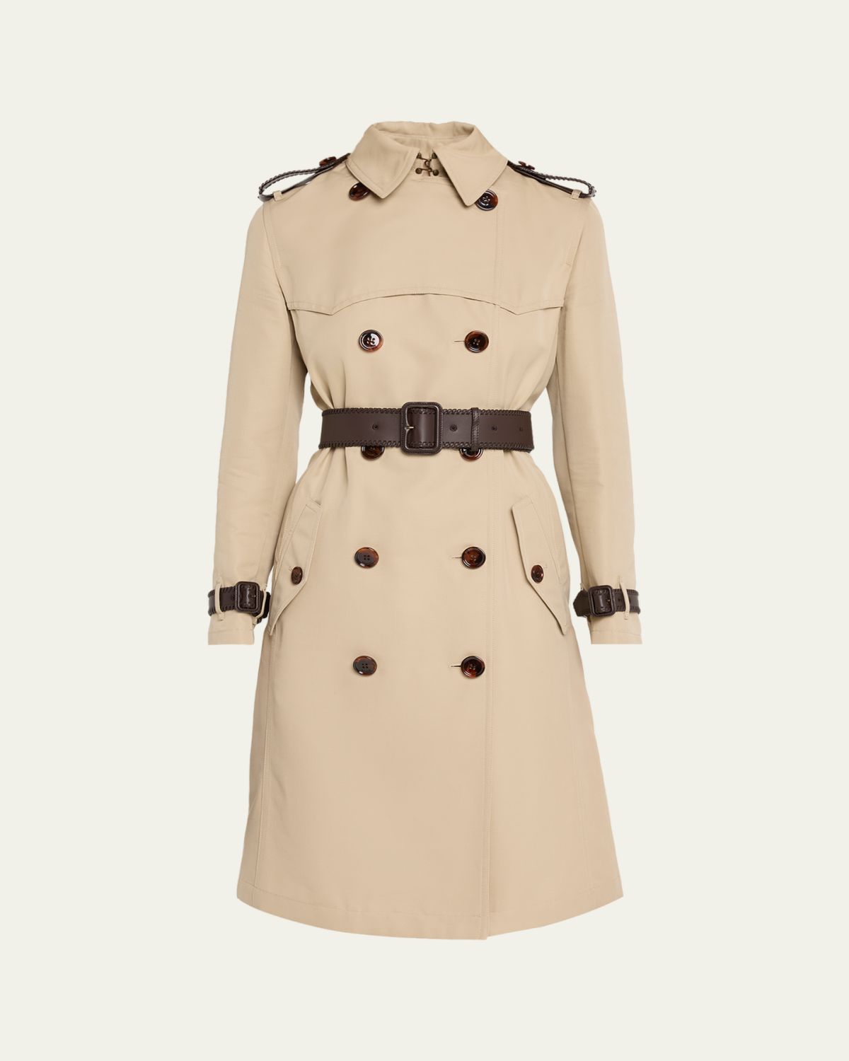 Burberry Foxfield Leather-Trim Double-Breasted Trench Coat