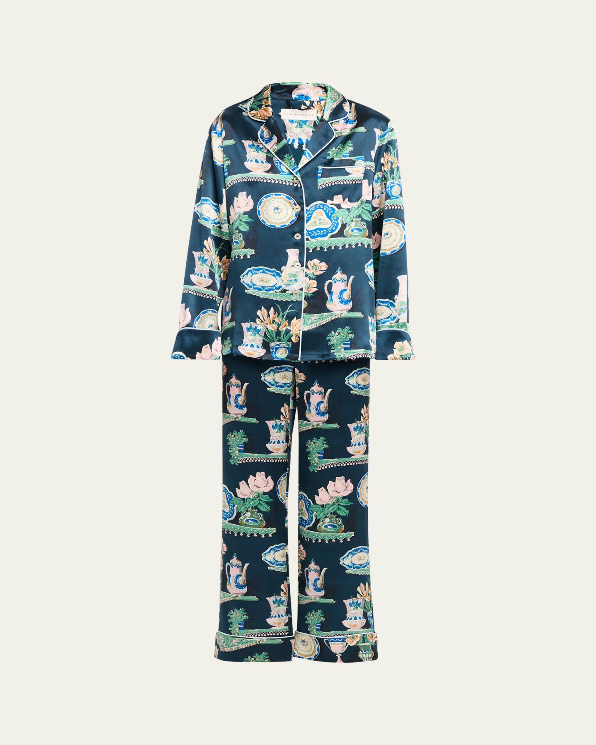 Olivia von Halle Lila Giotto Ceramic-Print Silk Pajama Set
