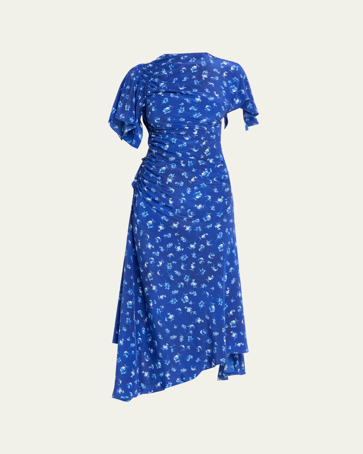 Victoria Beckham Asymmetric Smocked Short-Sleeve Midi Dress