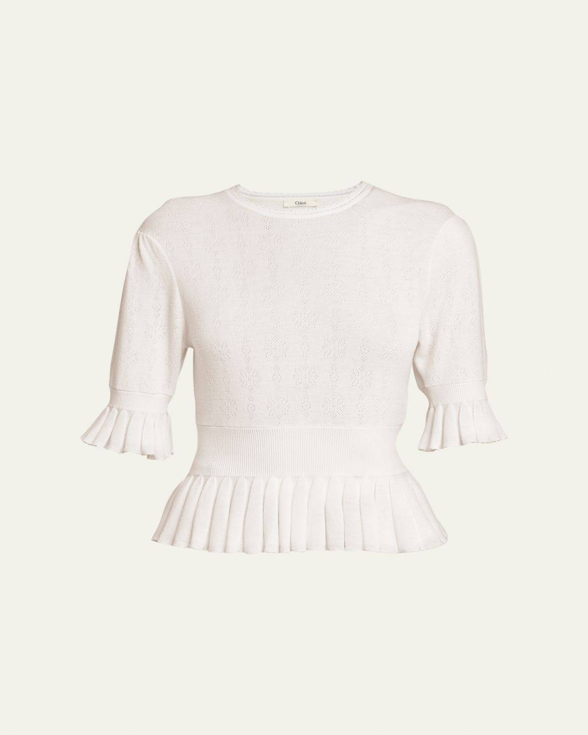 Chloe Short-Sleeve Pointelle Kit Ruffle Crewneck Sweater