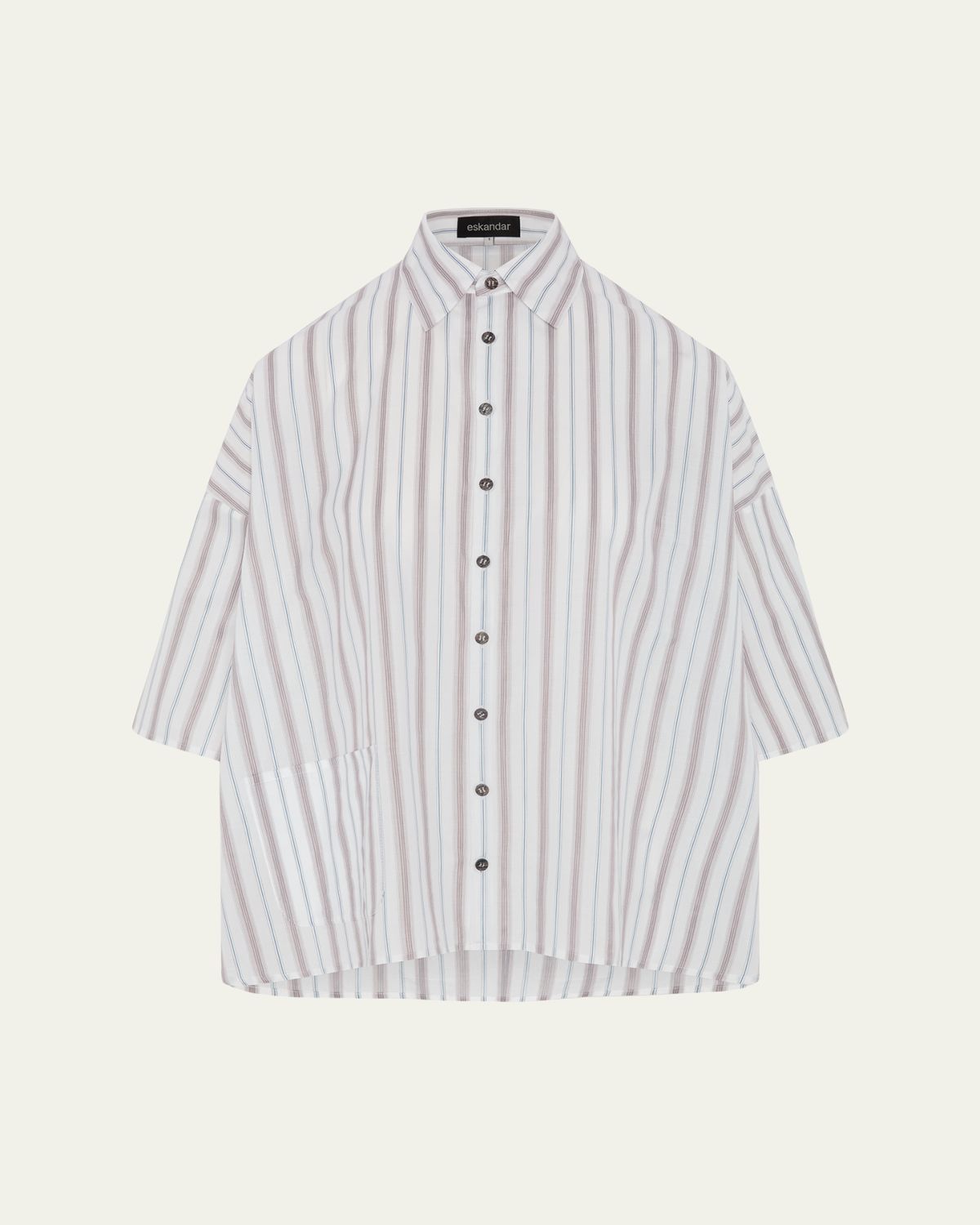 Eskandar Cotton Sloped Shoulder Wide A-Line Short Sleeve Shirt With Collar - Mid Plus Length