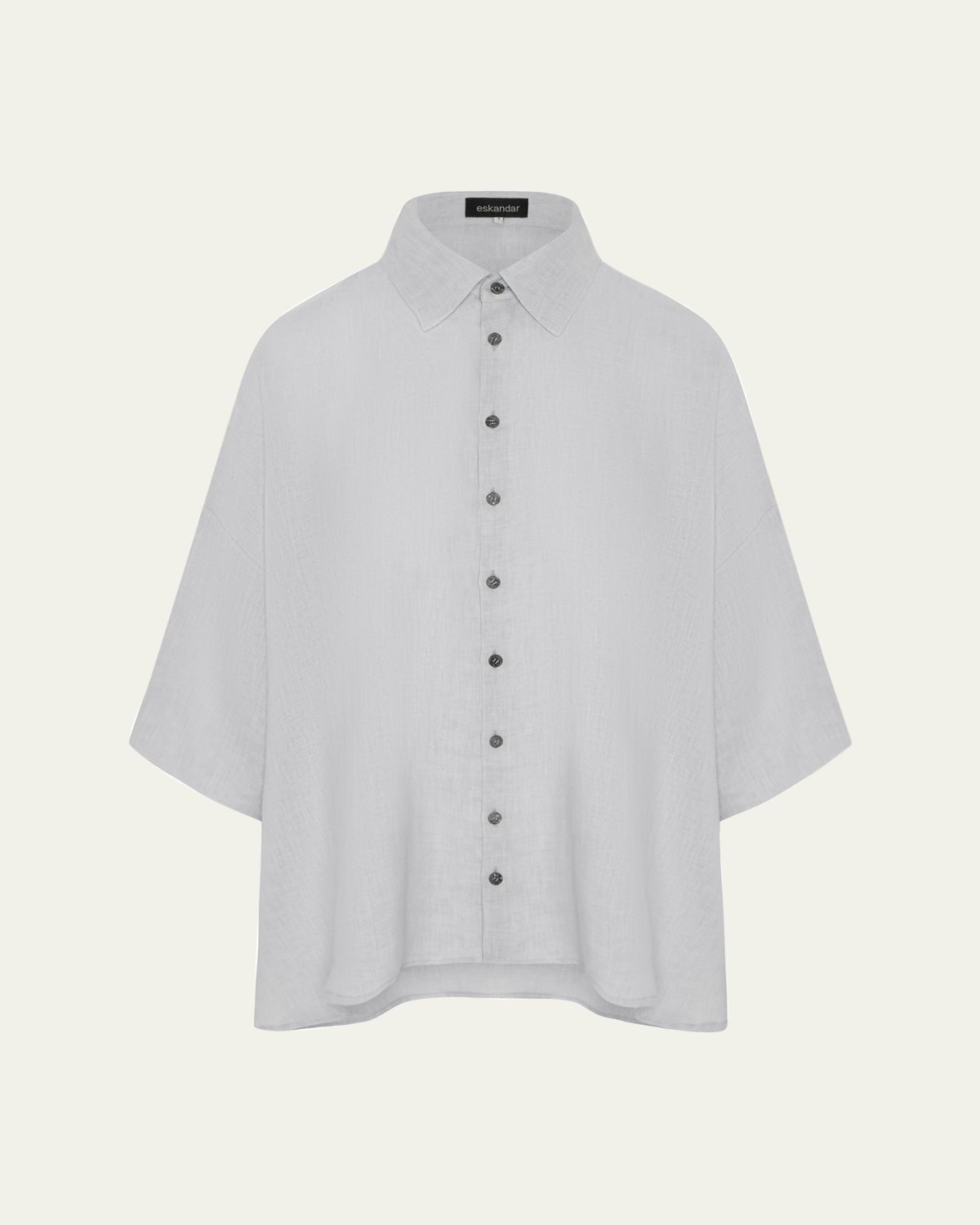 Eskandar Sloped Shoulder Wide A-Line Short Sleeve Shirt With Collar - Mid Length | Thumbnail 6