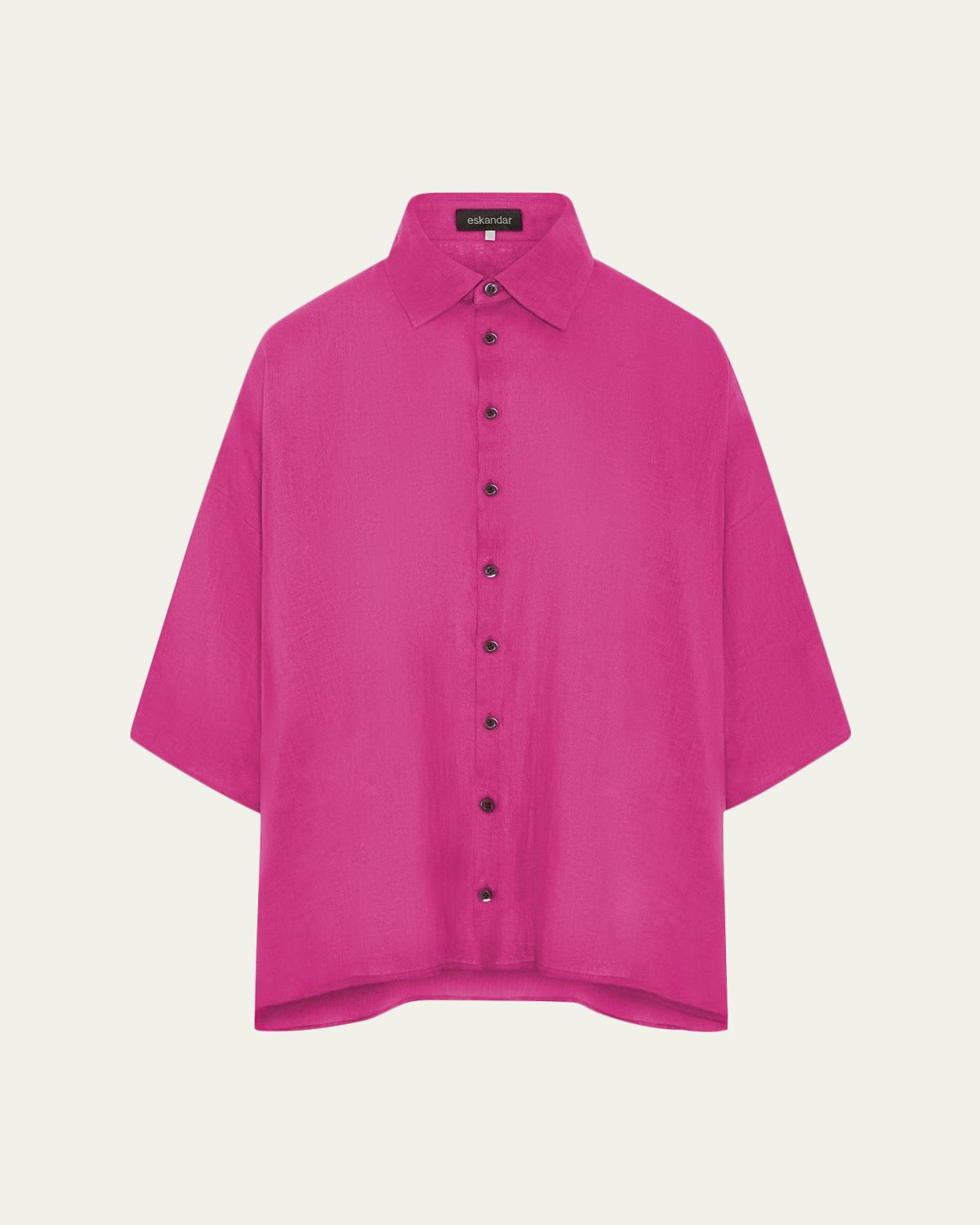 Eskandar Sloped Shoulder Wide A-Line Short Sleeve Shirt With Collar - Mid Length