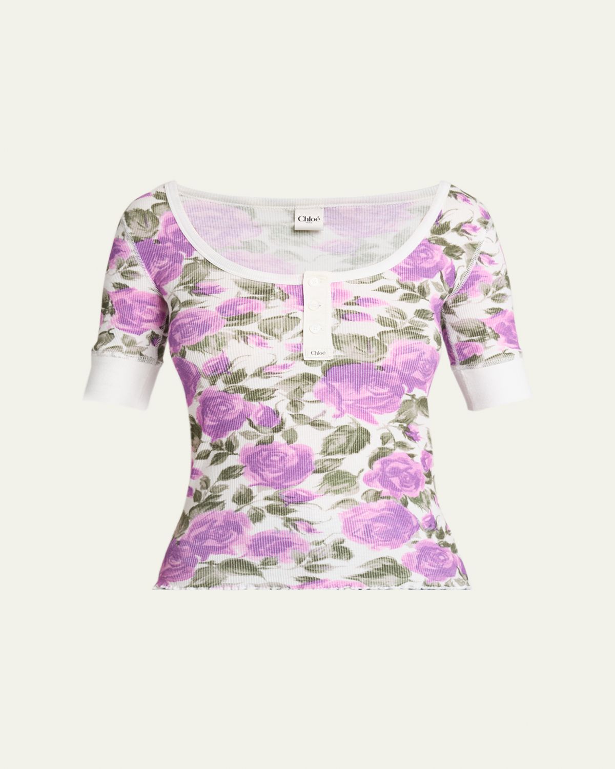 Chloe Floral Rib Short-Sleeve Henley Top