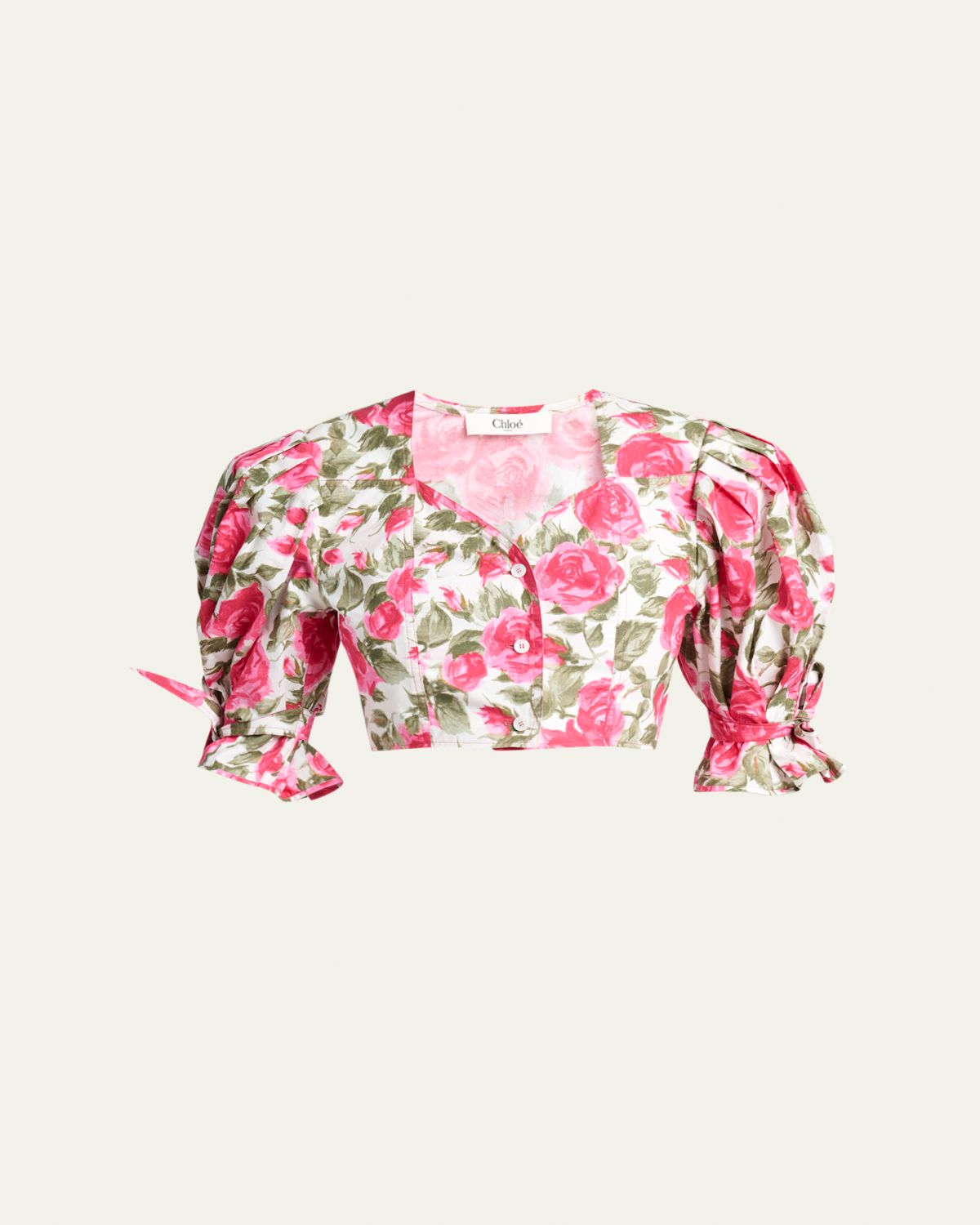 Chloe Floral Cotton Puff-Sleeve Button-Front Crop Top