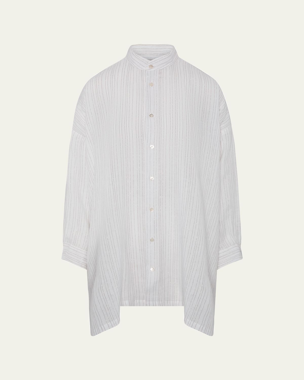 Eskandar Metallic Linen Wide A-Line Collarless Shirt - Long Plus Length