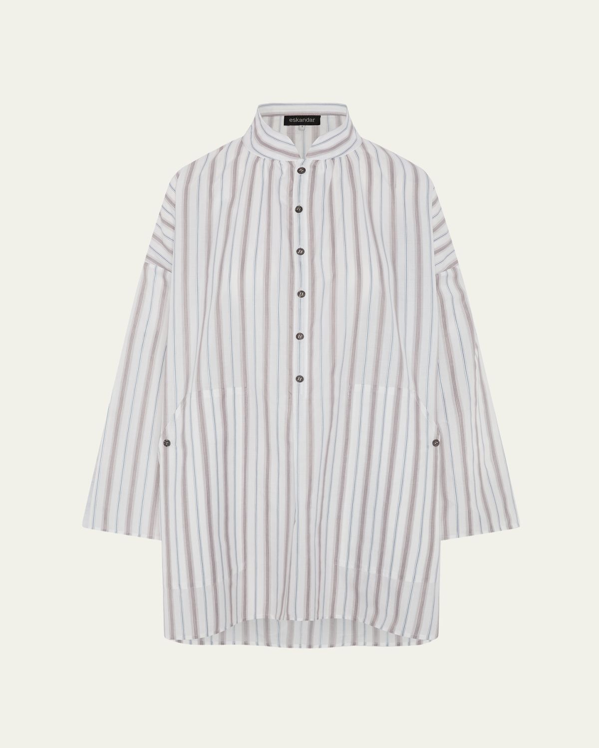 Eskandar Sloped Shoulder Wide A-Line Artists Smock With Pleated Collar - Long Plus Length