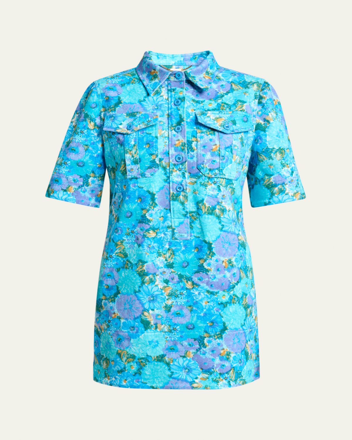 Chloe Floral Cotton Twill Short-Sleeve Mini Shirtdress