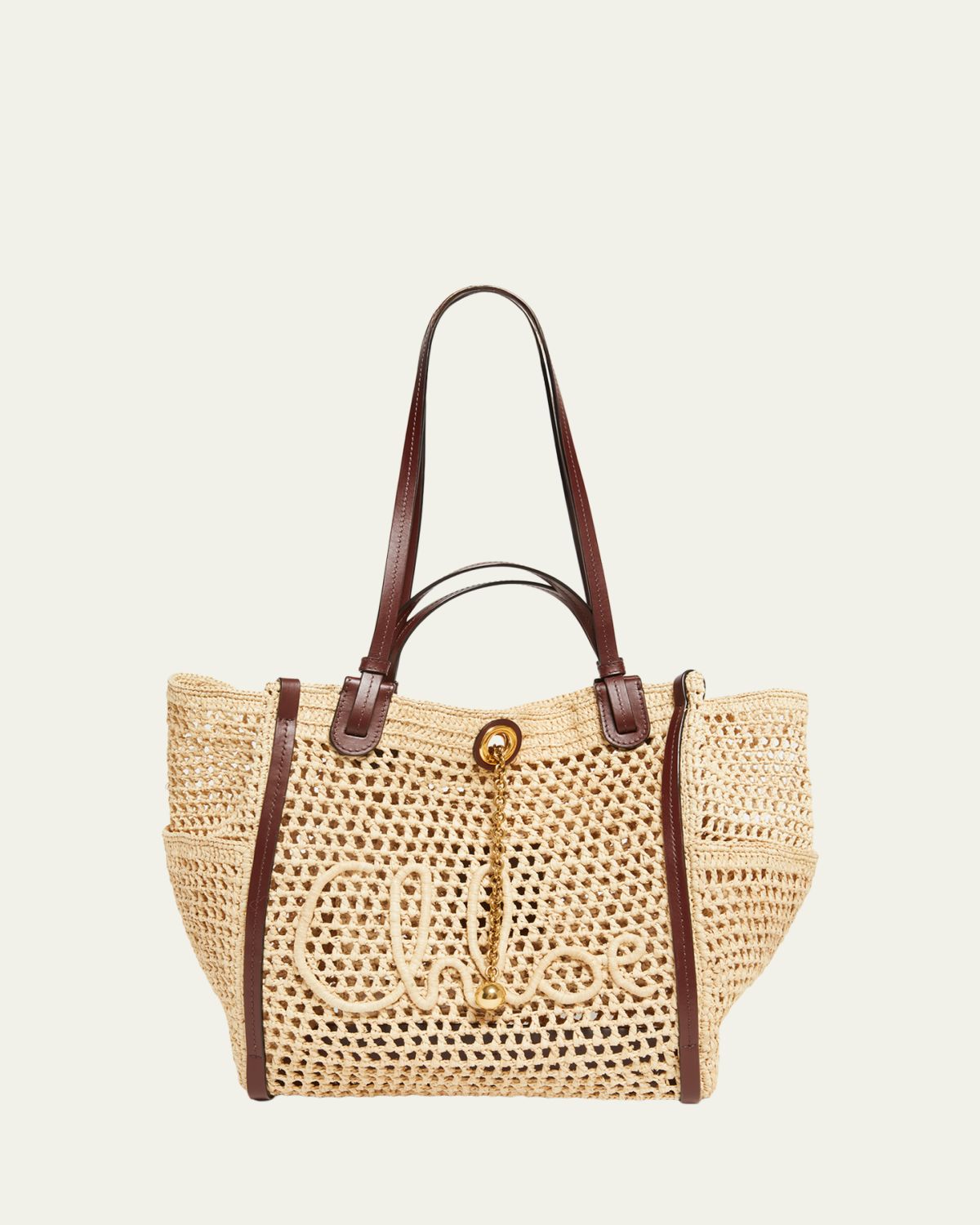 Chloe Logo Script Woven Raffia Tote Bag