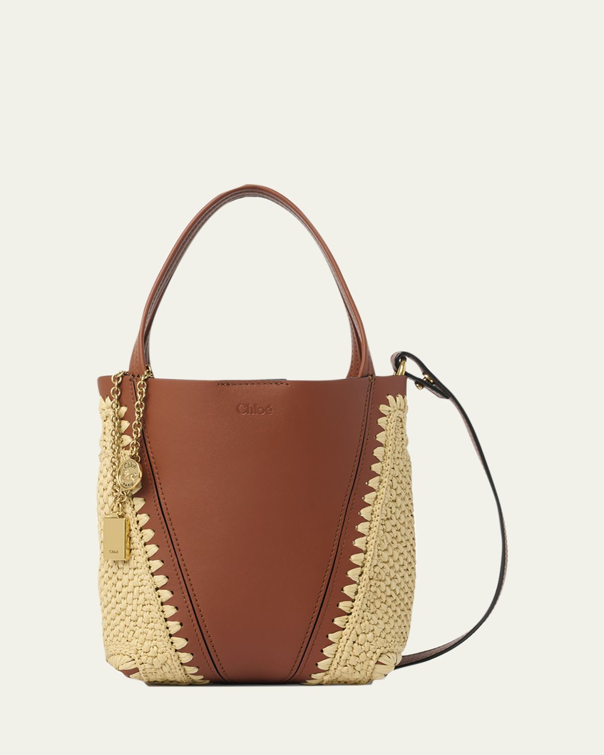 Chloe Spin Mini Tote Bag in Leather & Viscose Raffia