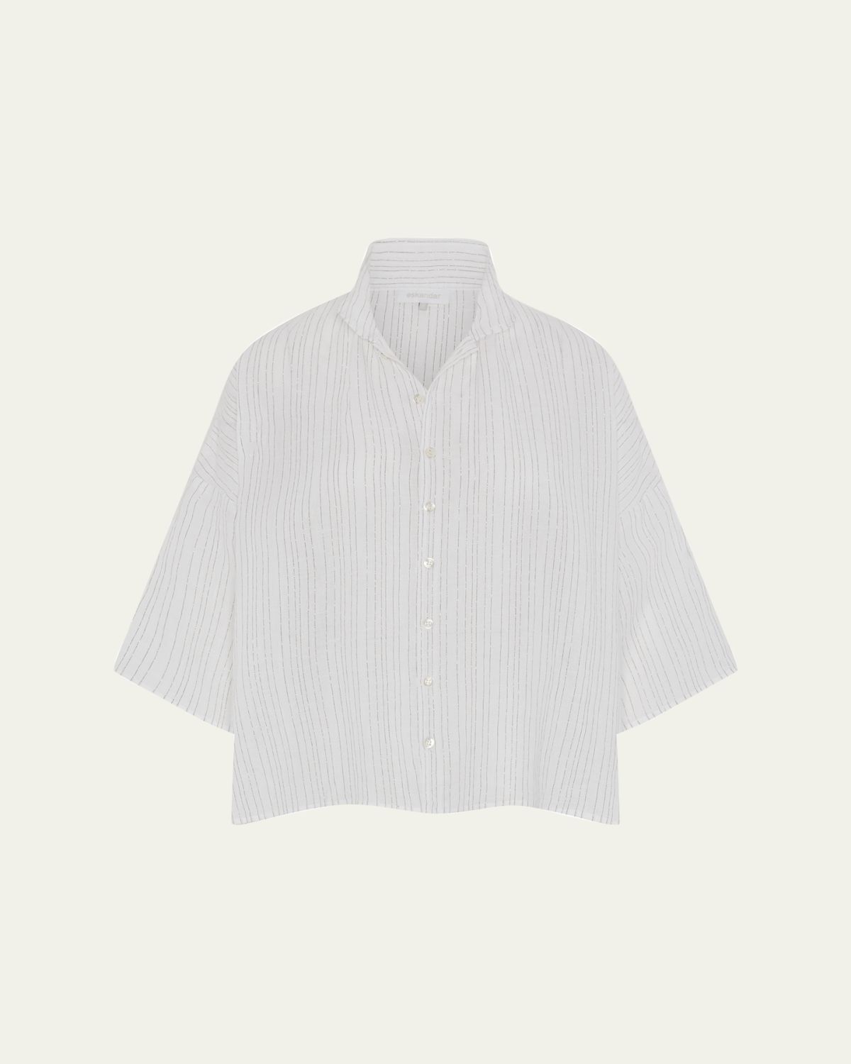 Eskandar Sloped Shoulder Wide A-Line Pleated Collar Short Sleeve Shirt - Mid Length