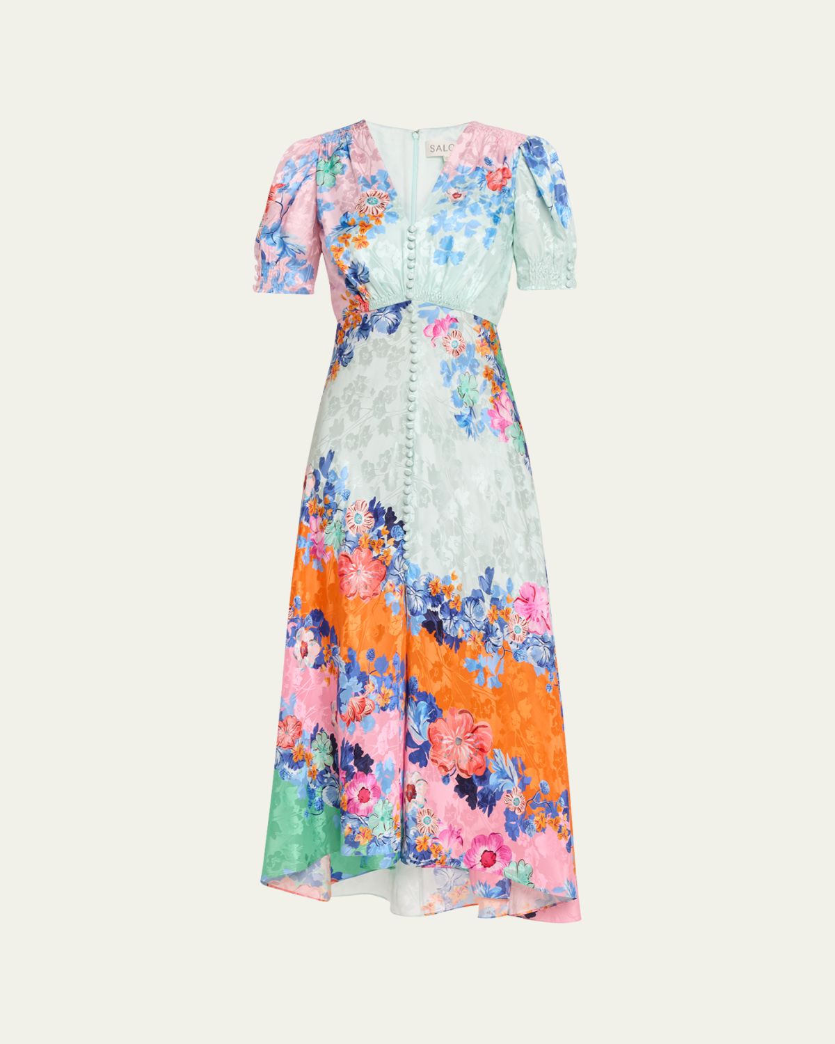 Saloni Lea Floral Silk Jacquard Button-Front Midi Dress