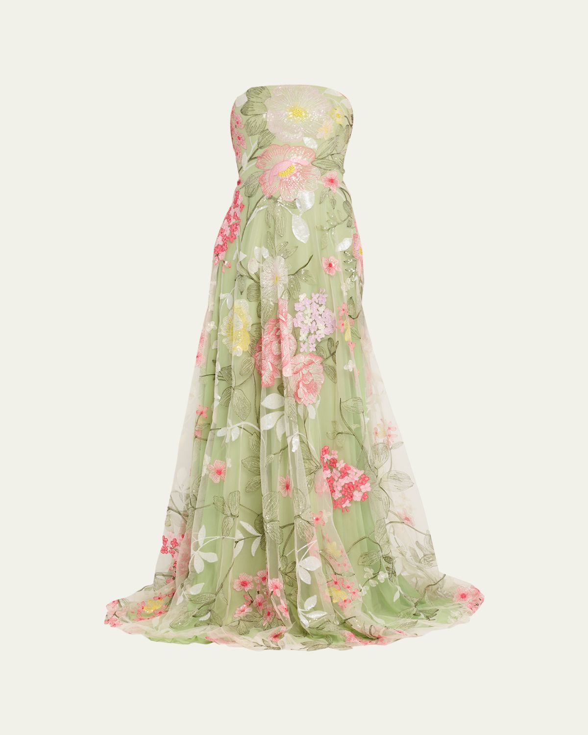 Naeem Khan Strapless Floral Embroidered Tulle Gown