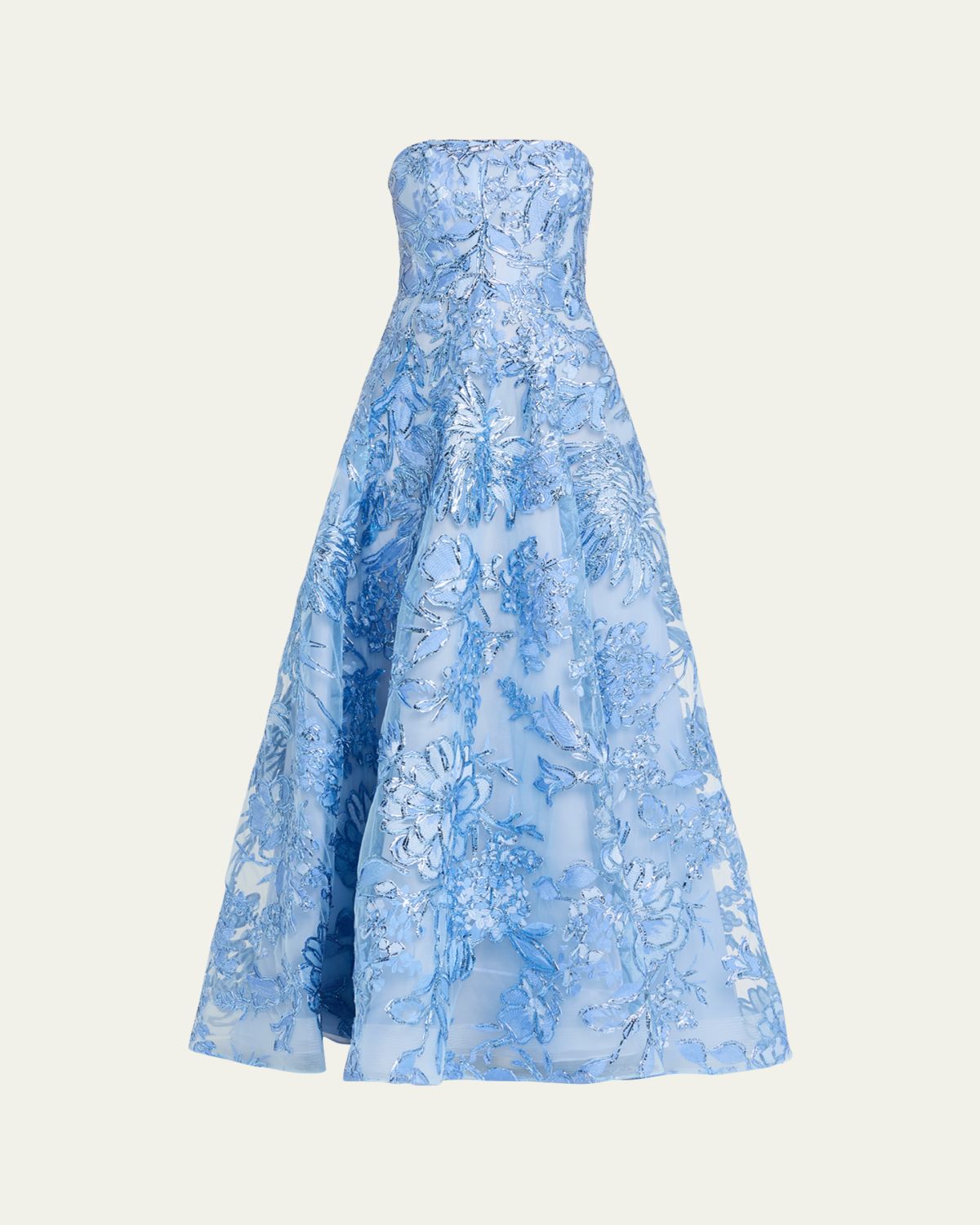 Naeem Khan Strapless Metallic Raffia Embroidered Gown