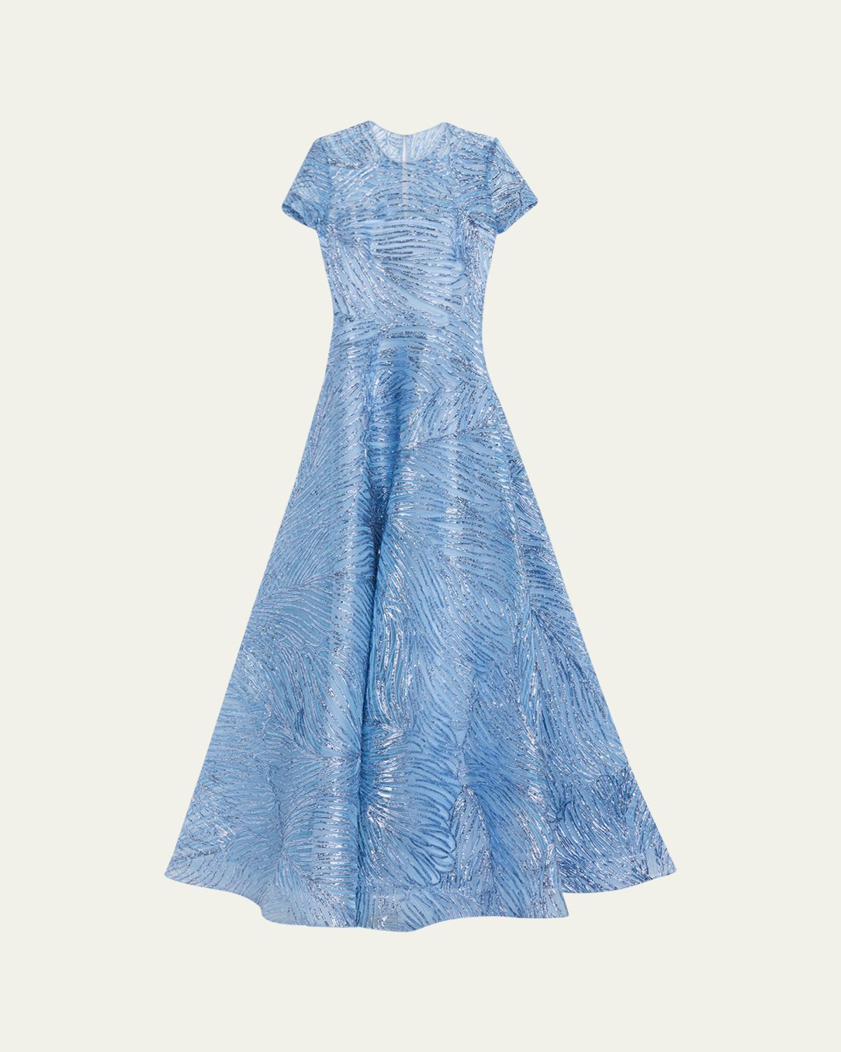 Naeem Khan Metallic Embroidered Short-Sleeve Illusion Gown