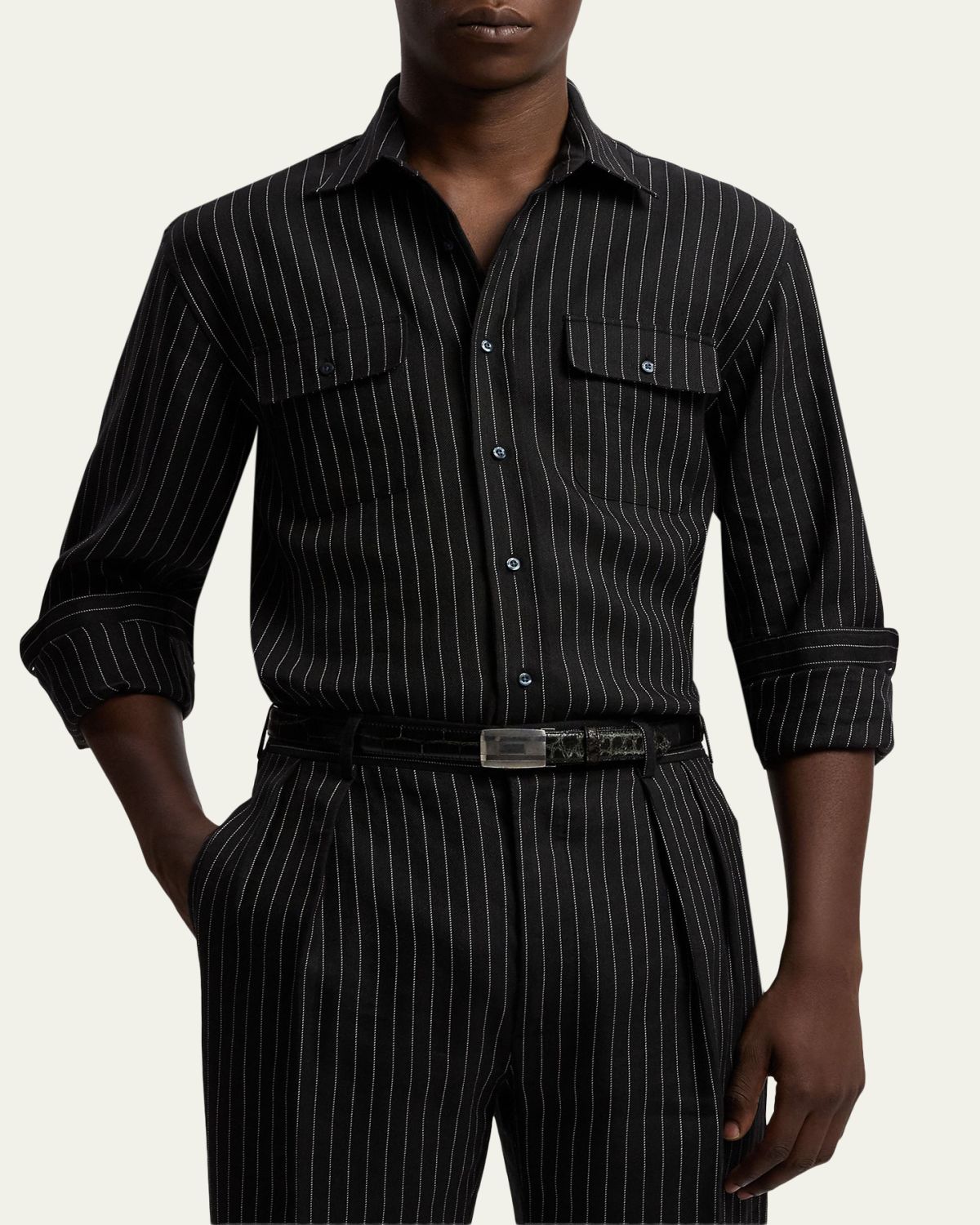 Ralph Lauren Purple Label Men's Pinstripe Wool/Linen Sport Shirt | Thumbnail 4 Ralph Lauren Purple Label Men's Pinstripe Wool/Linen Sport Shirt | Thumbnail 4