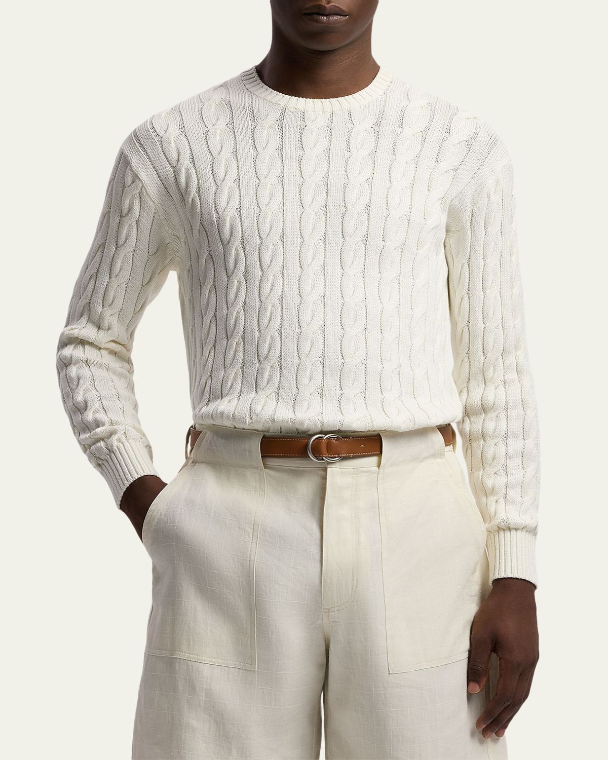 Ralph Lauren Purple Label Men's Cotton and Silk Cable Knit Crewneck Sweater | Thumbnail 4 Ralph Lauren Purple Label Men's Cotton and Silk Cable Knit Crewneck Sweater | Thumbnail 4