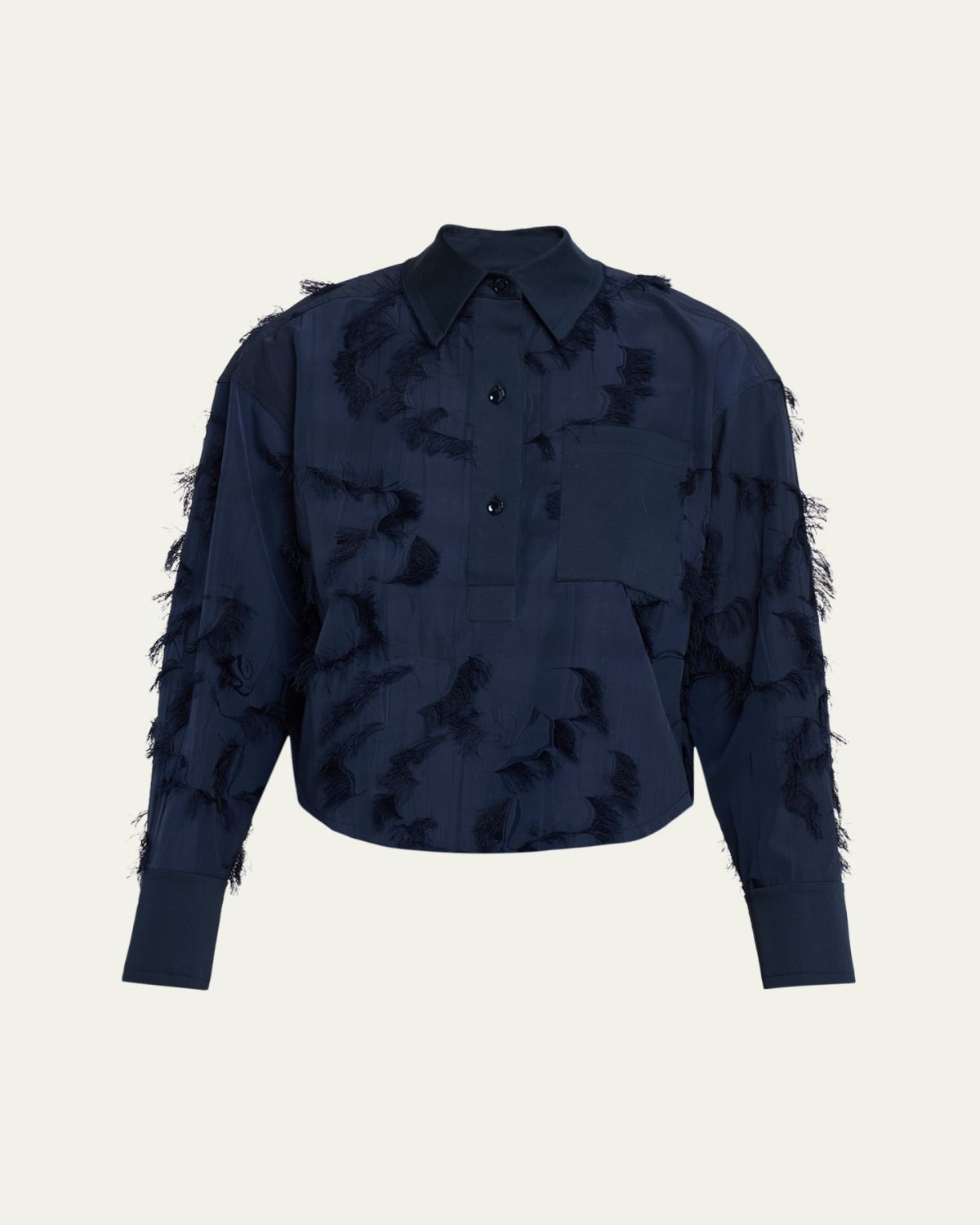 Jason Wu Collection Long Sleeve Fringe Fil Coupe Collared Shirt