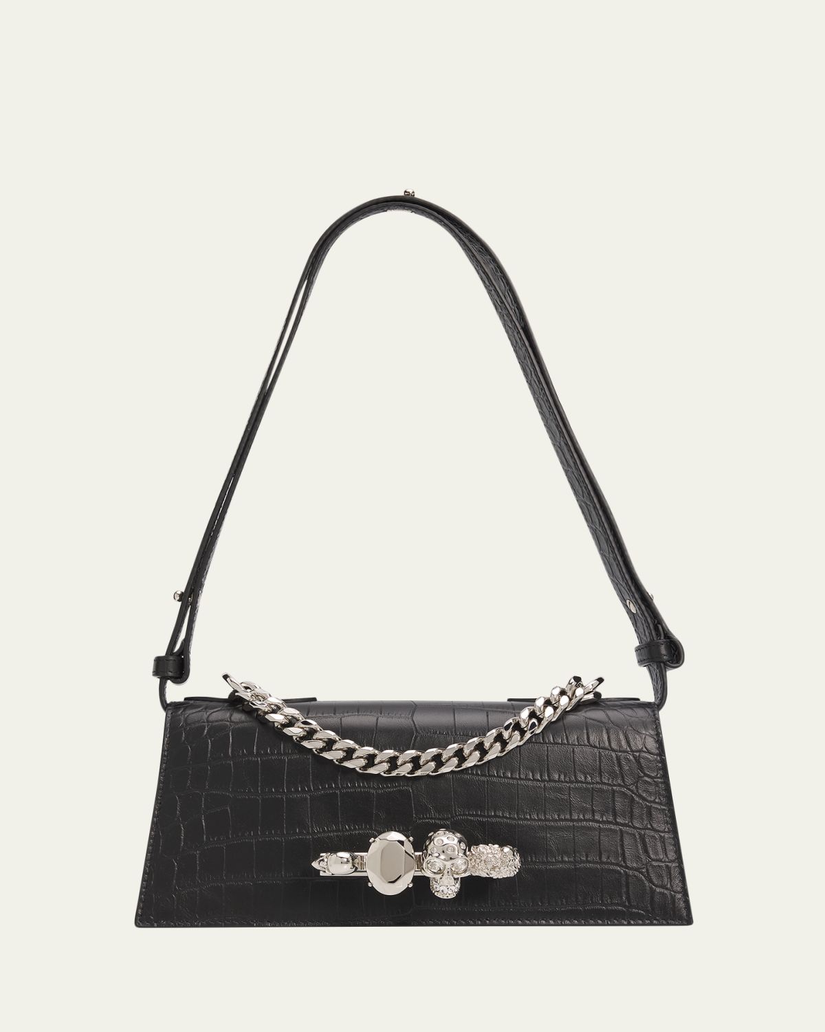 McQueen Jeweled Croc-Embossed Leather Shoulder Bag