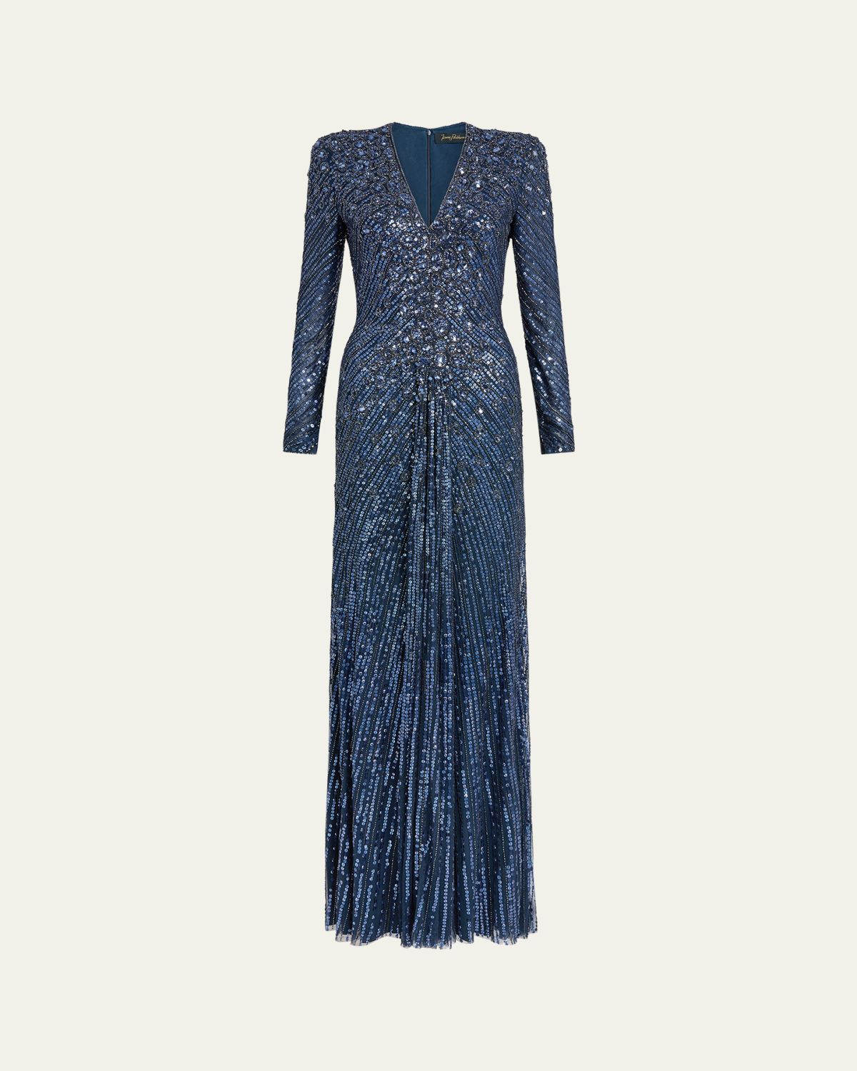 Jenny Packham Eve Embellished Strong-Shoulder Long-Sleeve Gown