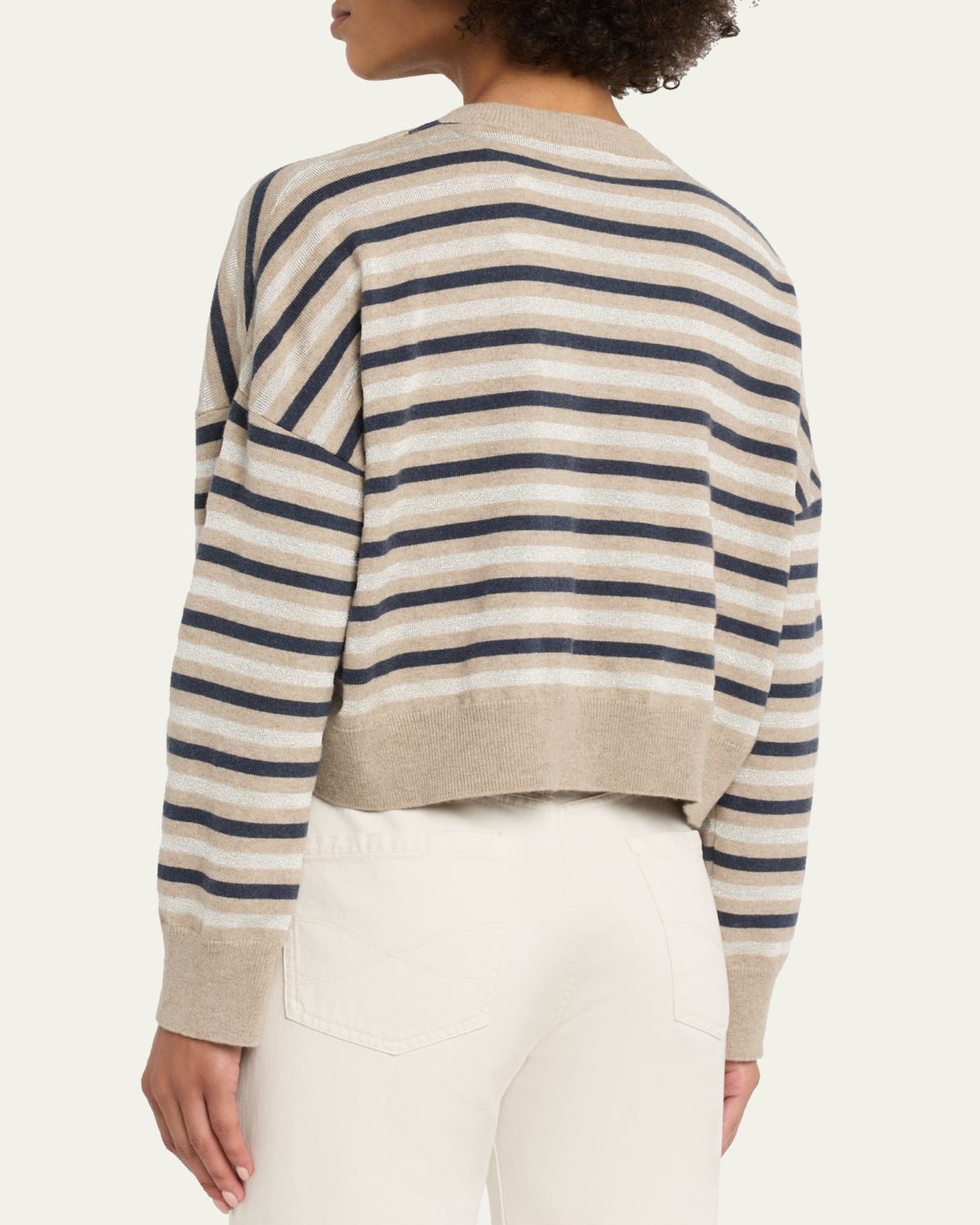 Brunello Cucinelli Shimmering Striped Wool-Cashmere Crop Sweater | Thumbnail 3 Brunello Cucinelli Shimmering Striped Wool-Cashmere Crop Sweater | Thumbnail 3