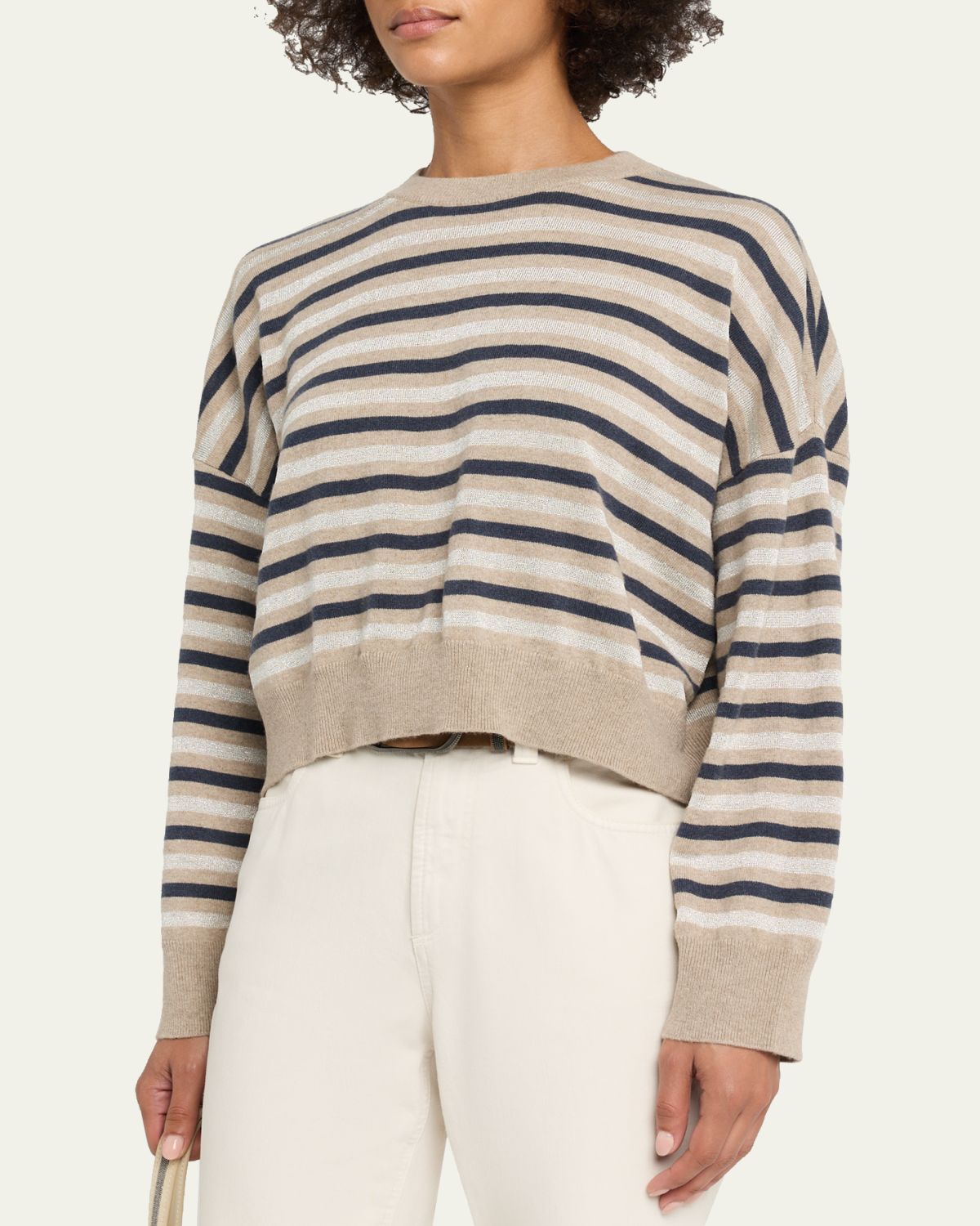 Brunello Cucinelli Shimmering Striped Wool-Cashmere Crop Sweater | Thumbnail 4 Brunello Cucinelli Shimmering Striped Wool-Cashmere Crop Sweater | Thumbnail 4
