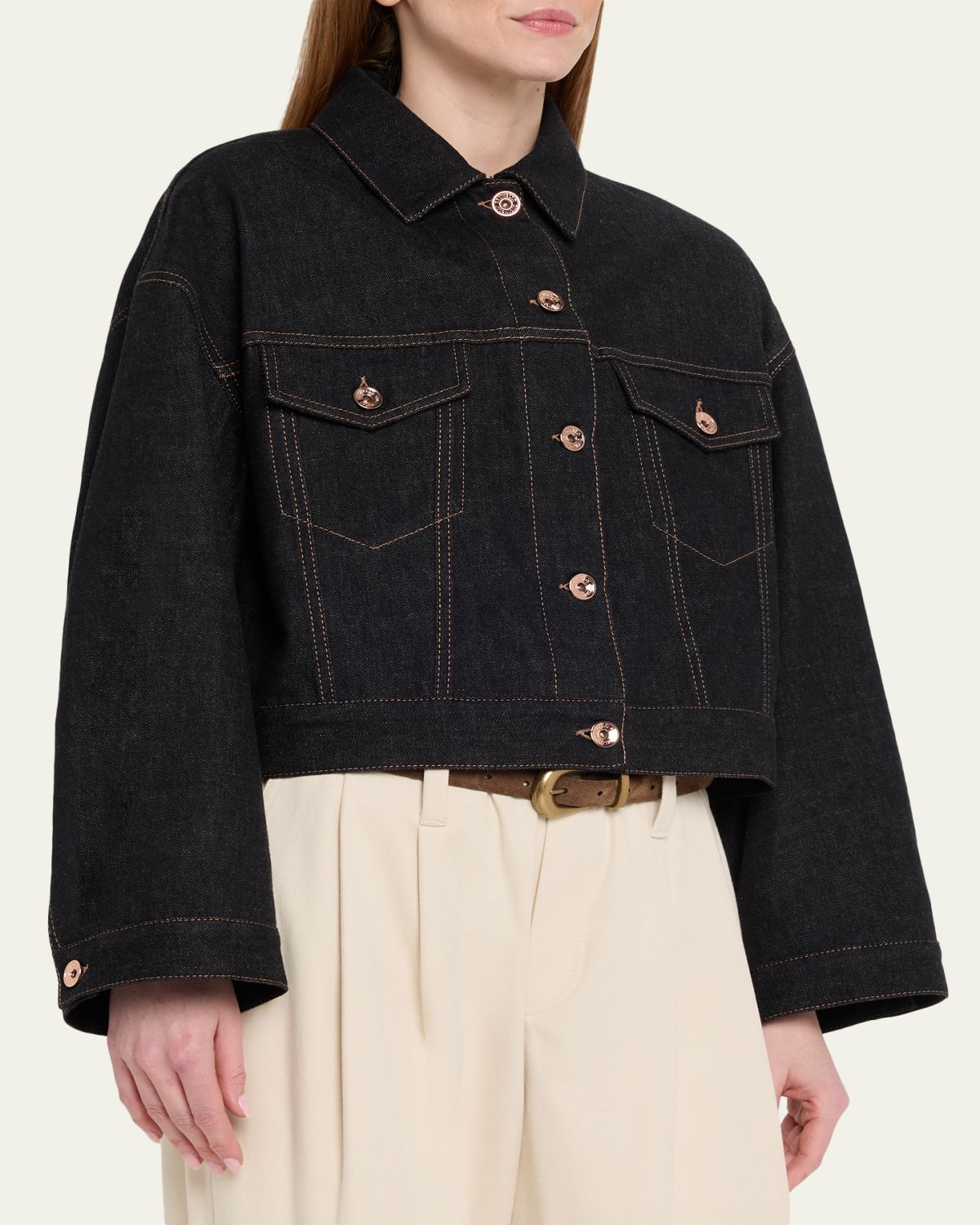 Brunello Cucinelli Boxy Denim Jacket - detail view in Navy