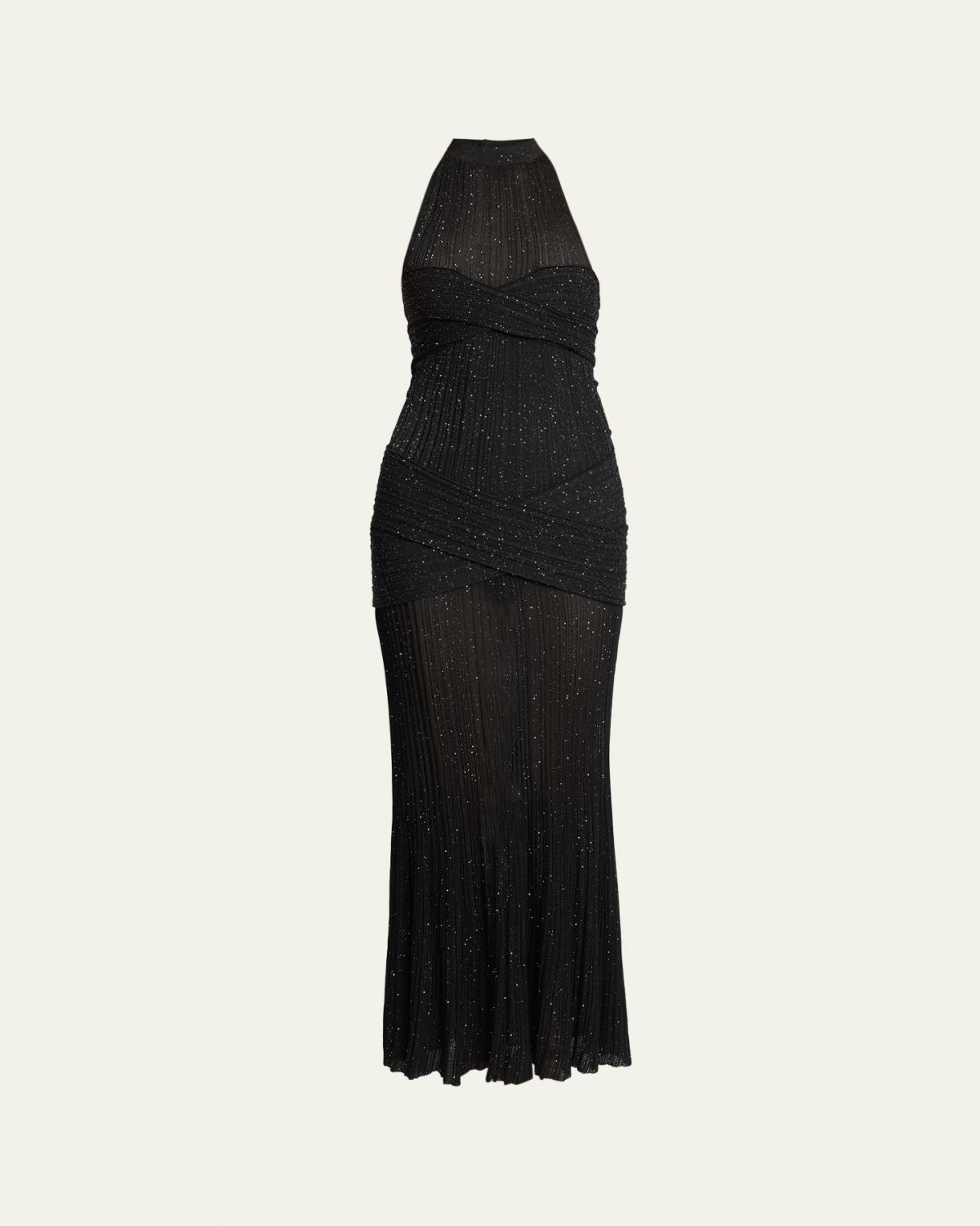 Balmain Glittered Crisscross Semi-Sheer Halter Dress