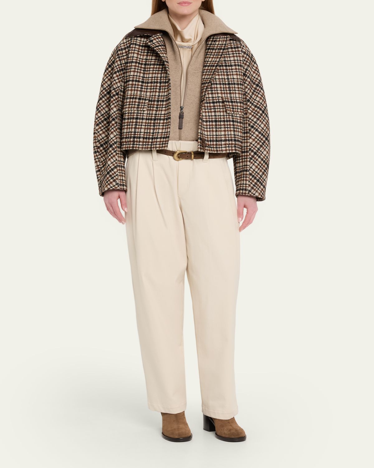 Brunello Cucinelli Leather-Collar Check Boxy Car Coat | Thumbnail 2 Brunello Cucinelli Leather-Collar Check Boxy Car Coat | Thumbnail 2
