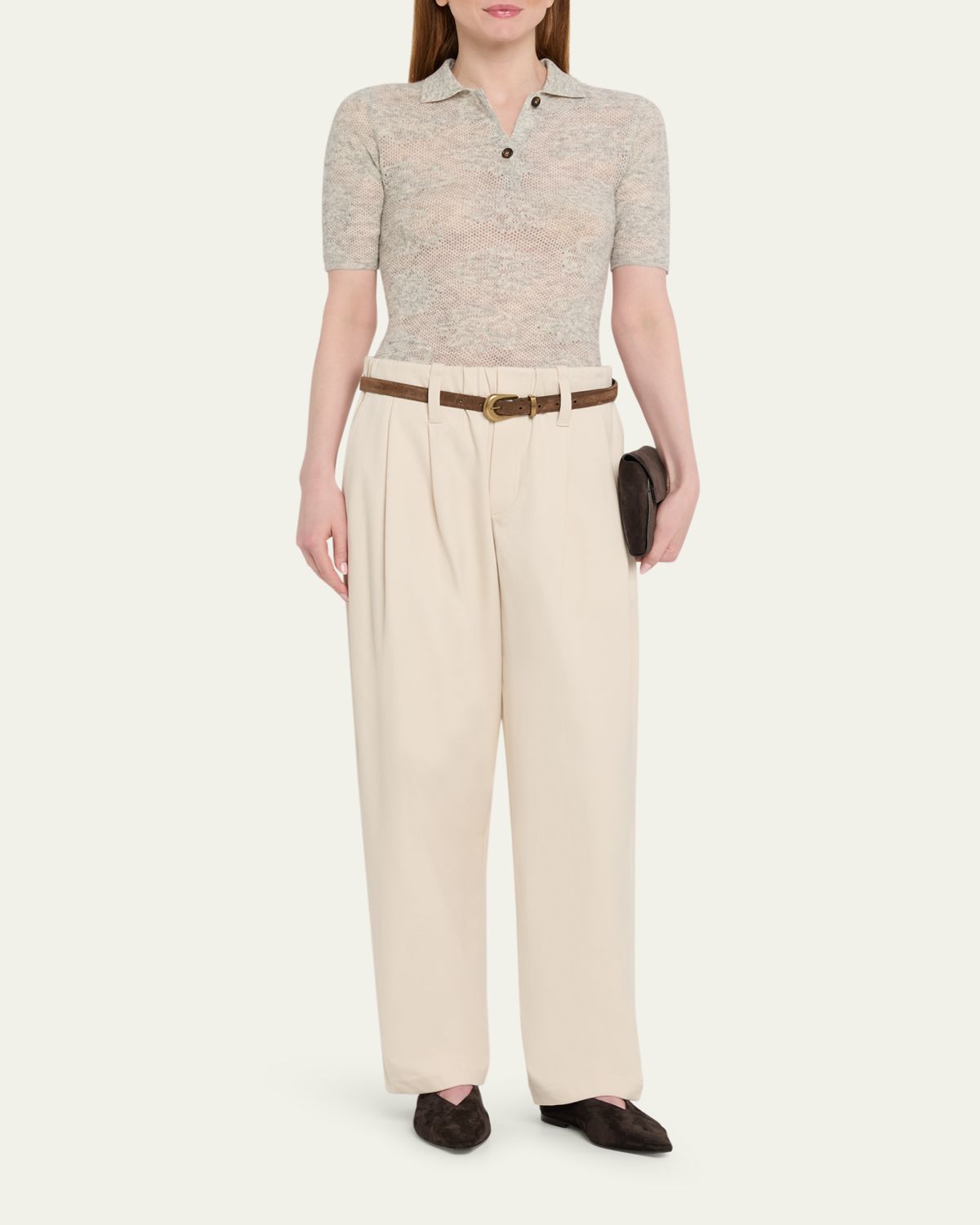 Brunello Cucinelli Lace-Effect Polo Short-Sleeve Sweater | Thumbnail 2 Brunello Cucinelli Lace-Effect Polo Short-Sleeve Sweater | Thumbnail 2