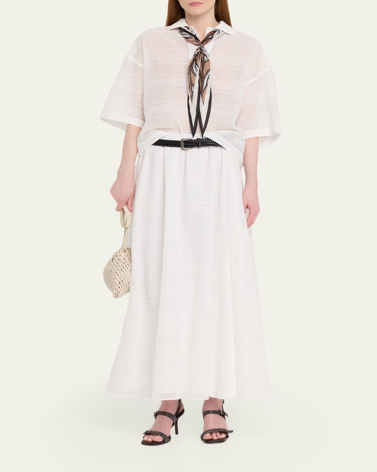 Brunello Cucinelli Long Eyelet Cotton Skirt | Thumbnail 2