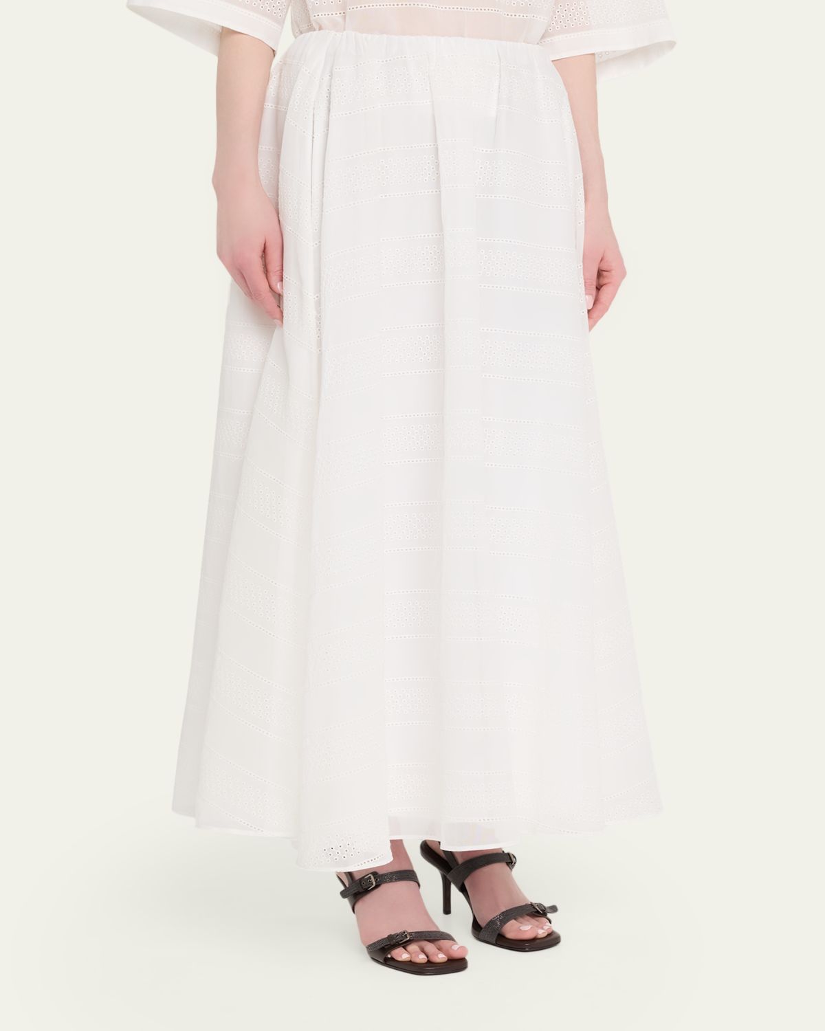 Brunello Cucinelli Long Eyelet Cotton Skirt | Thumbnail 4