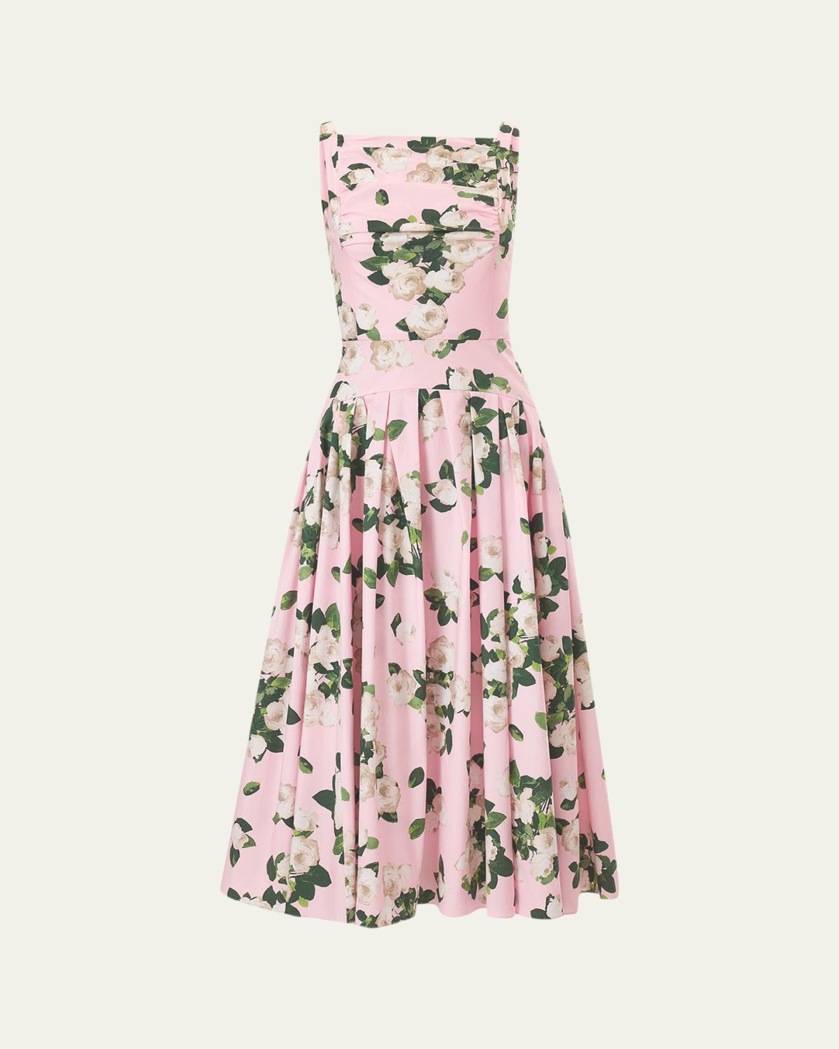 Carolina Herrera Rose-Print Pleated Drop-Waist Midi Dress
