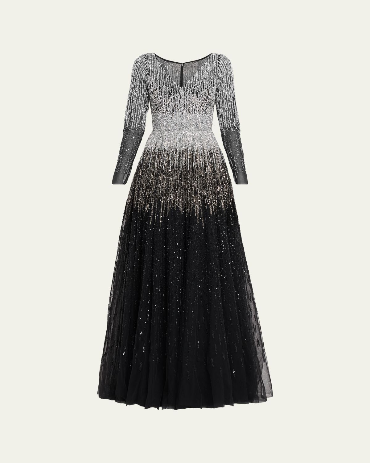 Pamella Roland Ombre Embroidered Tulle Long-Sleeve Gown