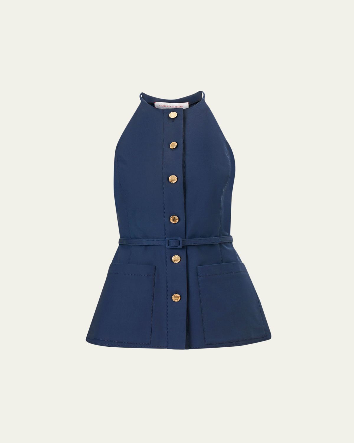 Carolina Herrera Button-Front Belted Halter Peplum Top