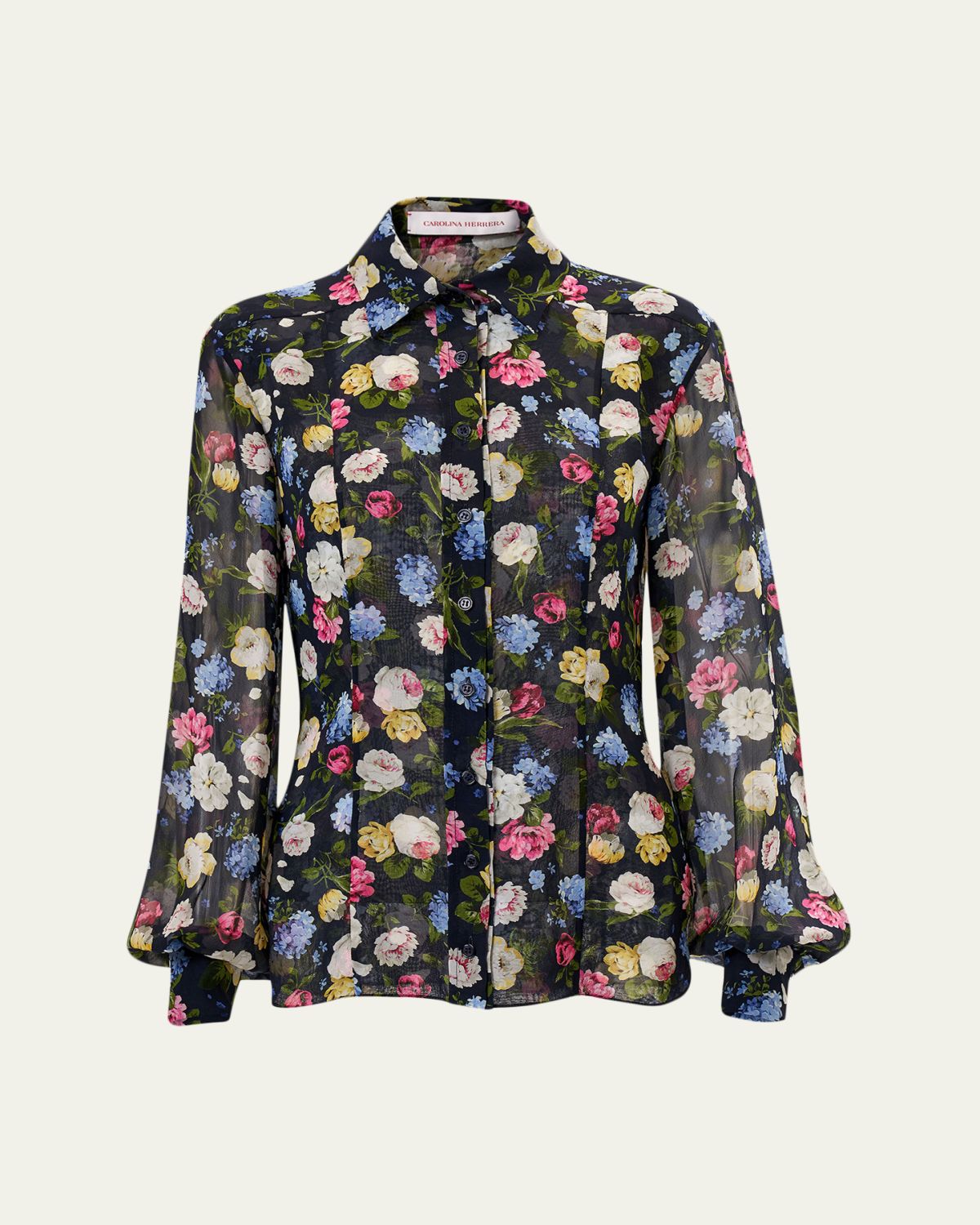 Carolina Herrera Isabella Rose-Print Silk Chiffon Button-Down Shirt | Thumbnail 5