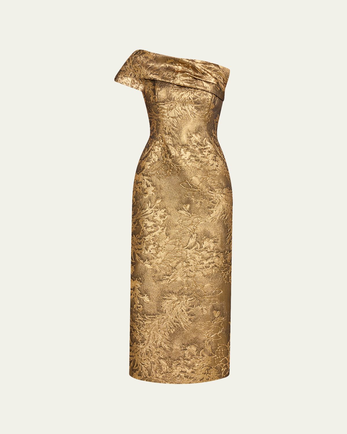 Pamella Roland One-Shoulder Metallic Jacquard Midi Cocktail Dress