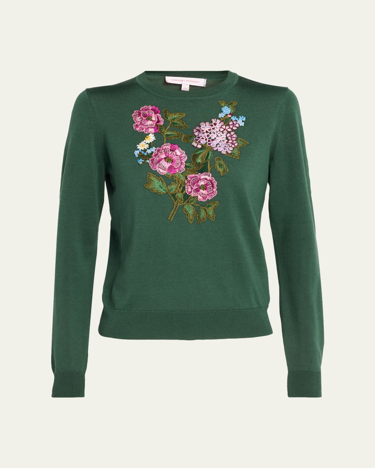 Carolina Herrera Floral Embroidered Silk-Cotton Crewneck Sweater | Thumbnail 6