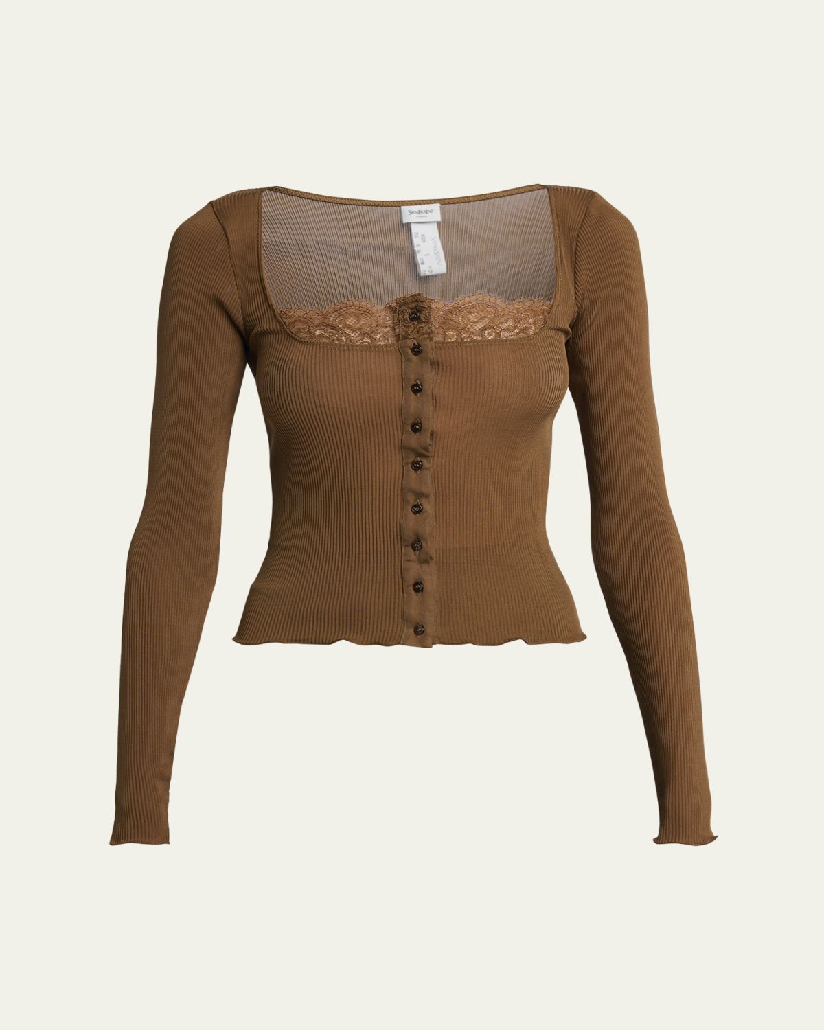Saint Laurent Lace-Trim Button-Front Silk Rib Long-Sleeve Top