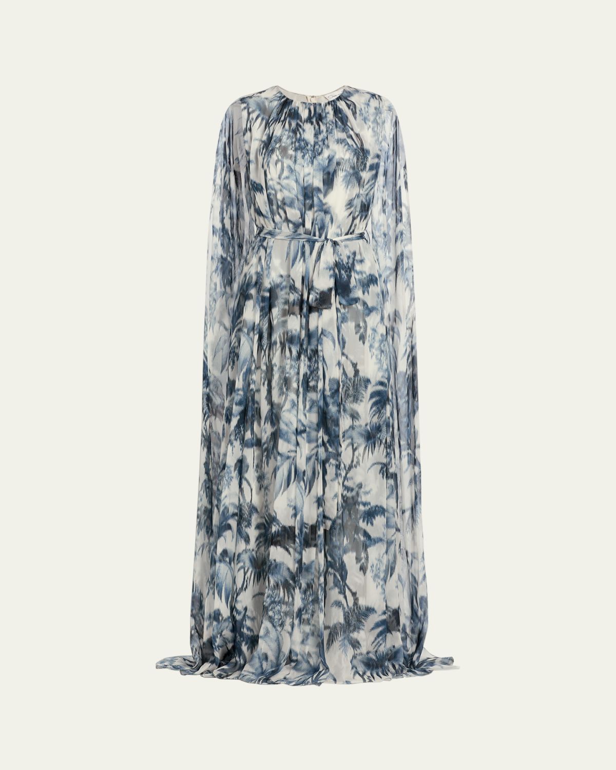Oscar de la Renta Palm-Print Silk Cape-Sleeve Gown