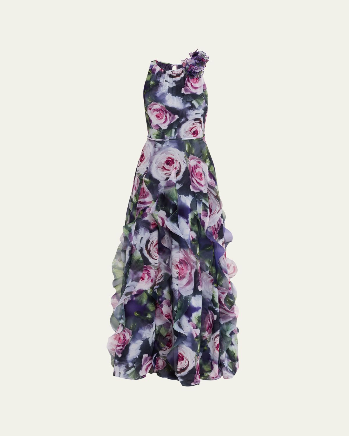 Rickie Freeman for Teri Jon Ruffle-Trim Floral Chiffon Halter Gown - Women's Clothing