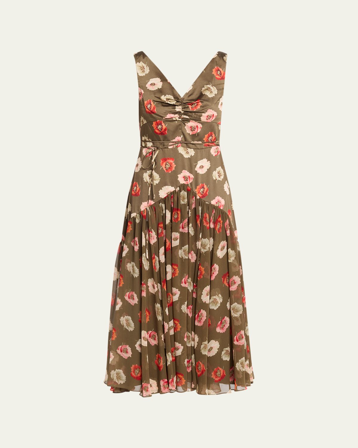 Cinq a Sept Makaila Floating Poppies Satin Midi Dress