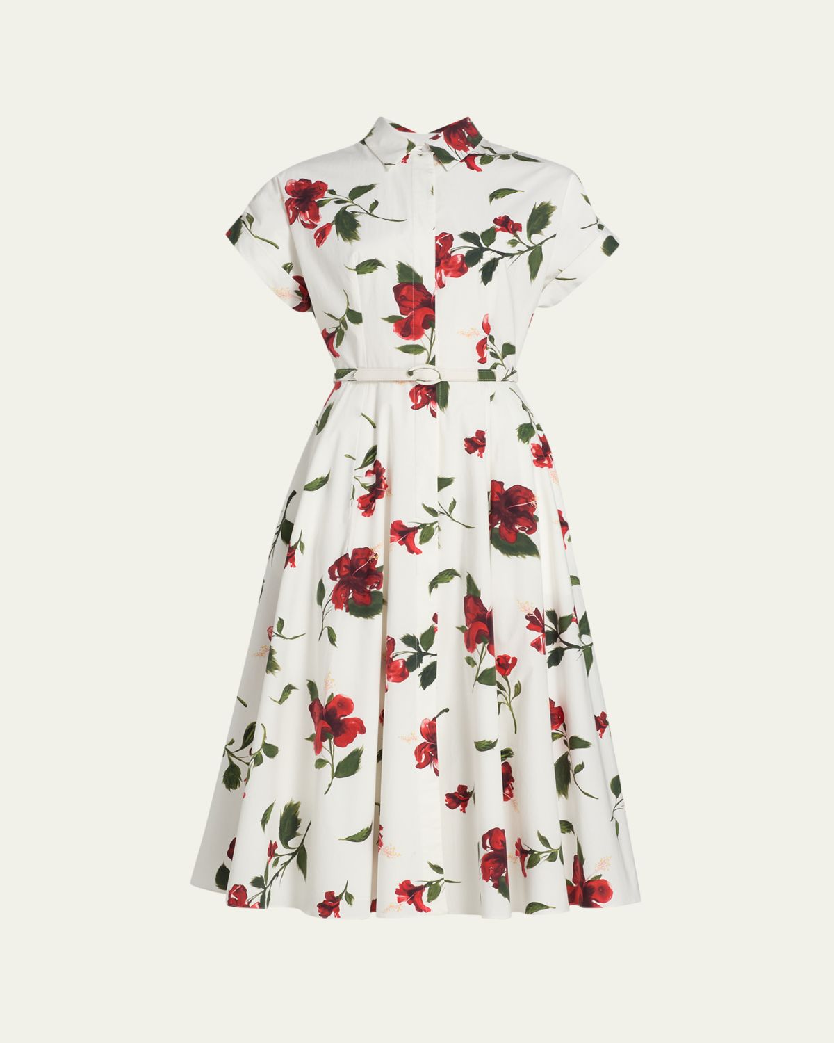 Oscar de la Renta Short-Sleeve Hibiscus Cotton Poplin Midi Shirtdress With Belt | Thumbnail 4